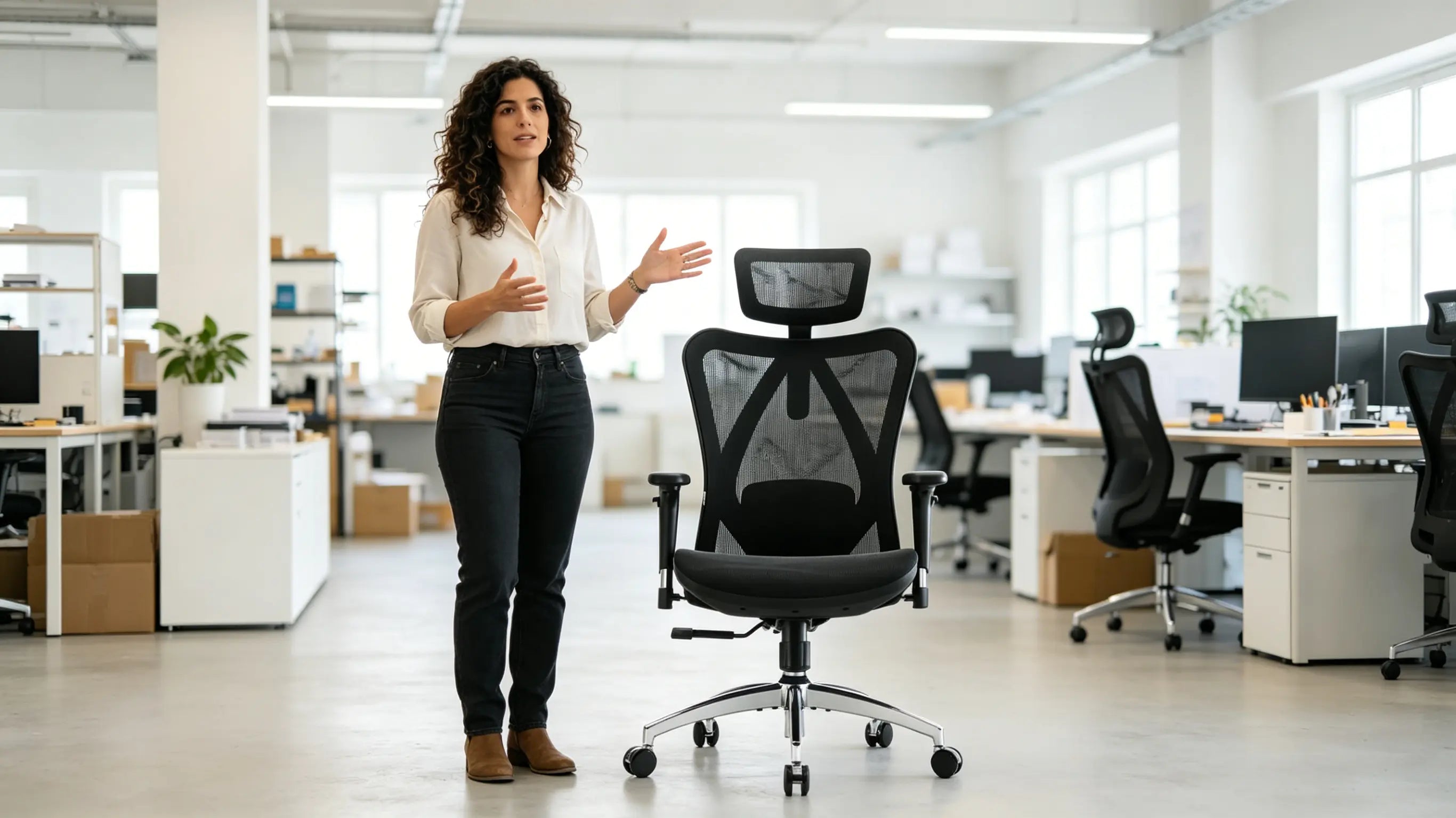 Julia, diseñadora de interfaces de 32 años, modelando componentes interactivos sentada en su silla ergonómica para oficina Ergo Select en su estudio de Barcelona.