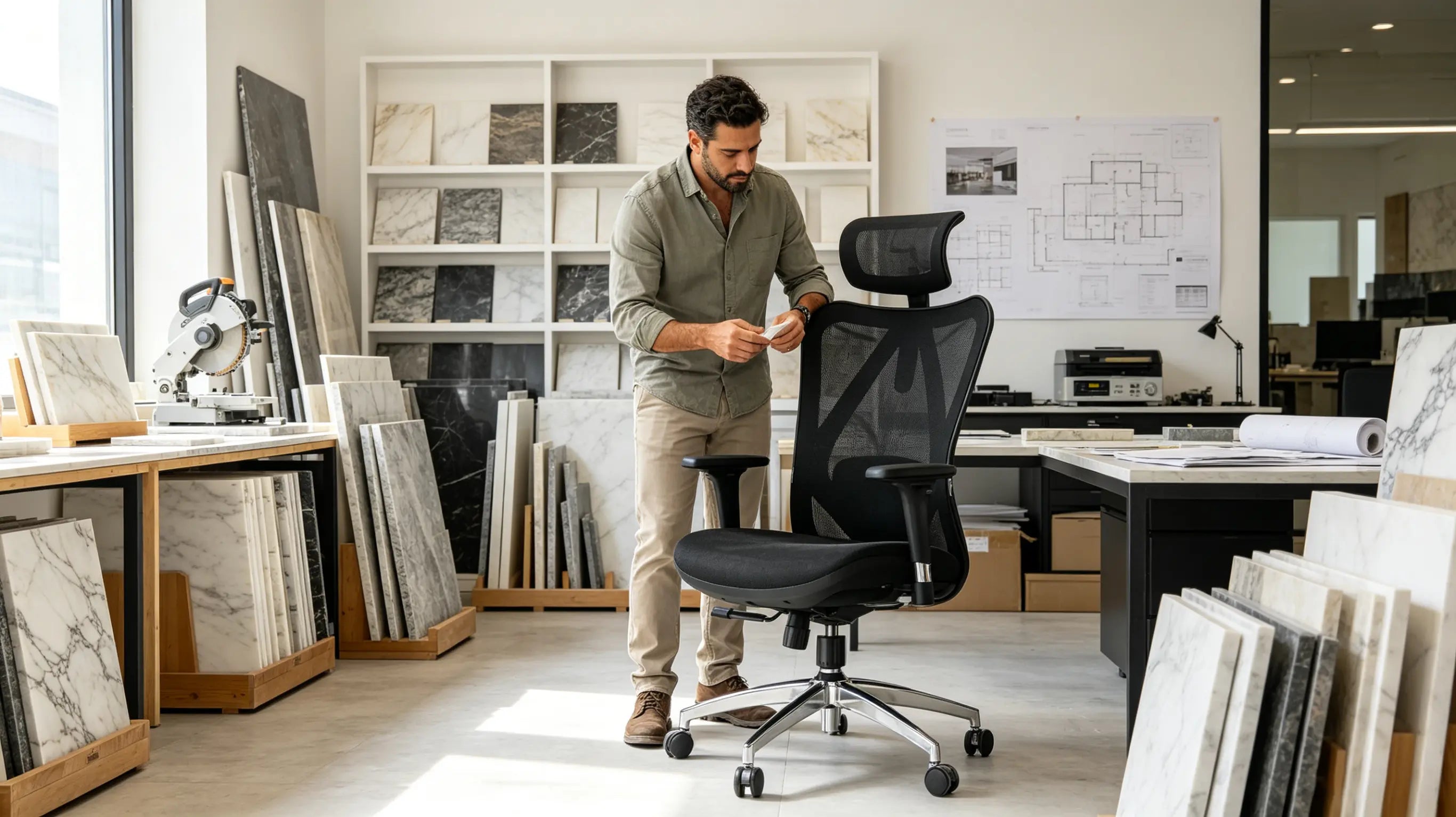 Bruno, ingeniero industrial de 36 años, calculando algoritmos de textura mineral en su pantalla interactiva, sentado en su silla ergonómica para oficina Ergo Select en Madrid.
