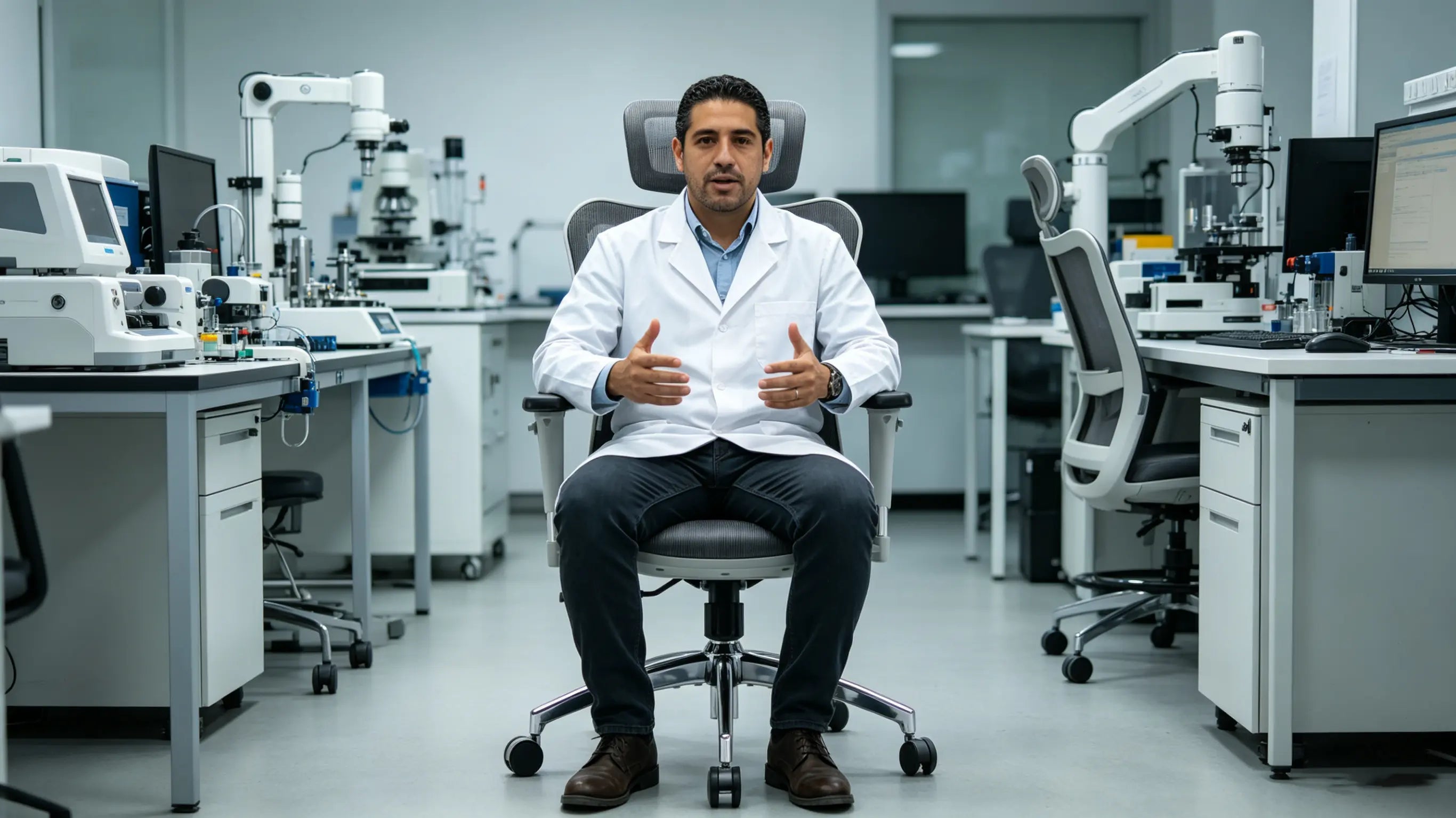 Mateo, ingeniero de automatización de 38 años, ajustando mallas de deformación de microfluidos en su pantalla interactiva, sentado en su silla de oficina Ergo Select en Barcelona.