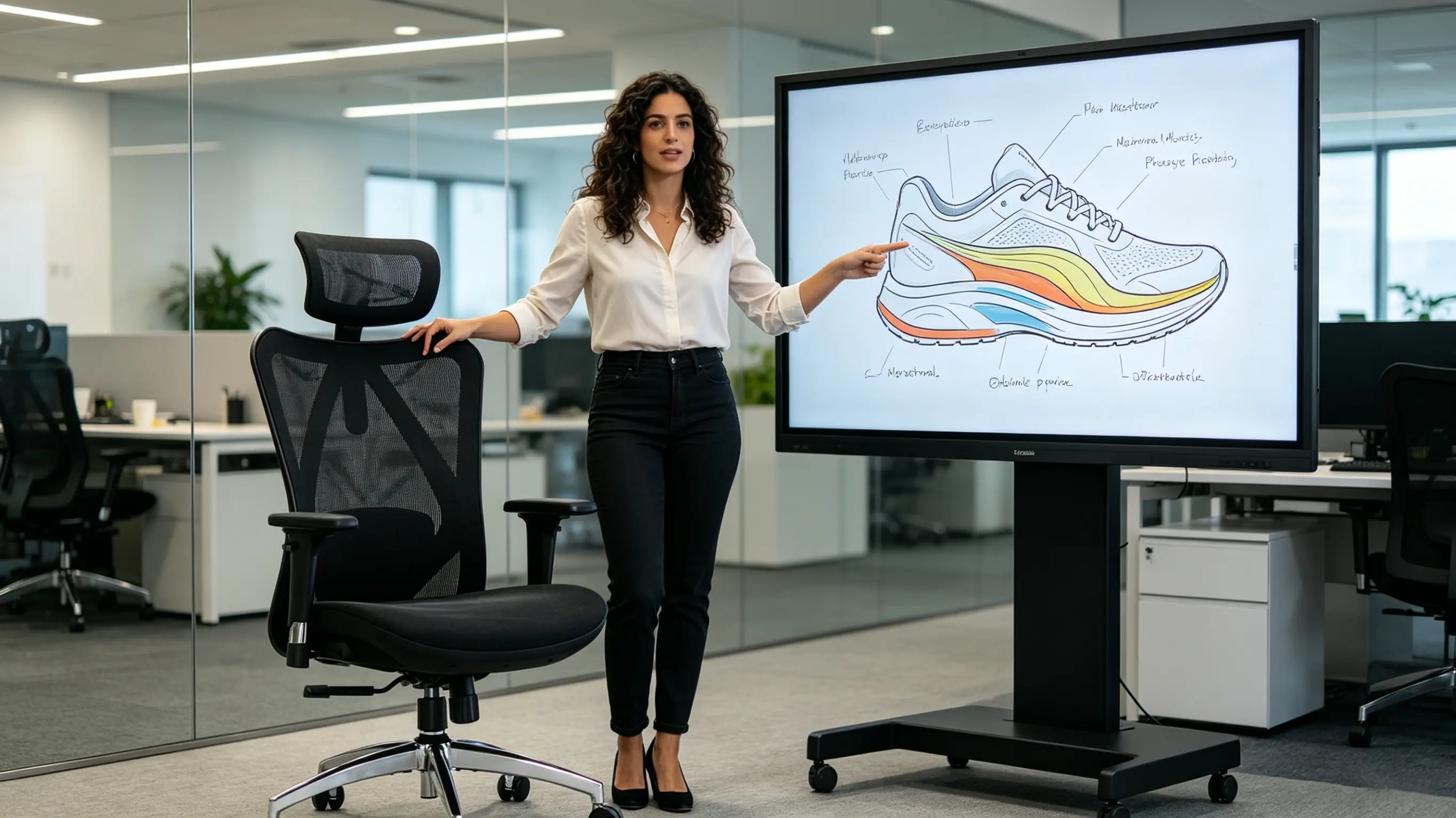 Elena, diseñadora de calzado de 28 años, ajustando la presión anatómica de una suela en su pantalla interactiva, sentada en su silla ergonómica para oficina Ergo Select en Elche.