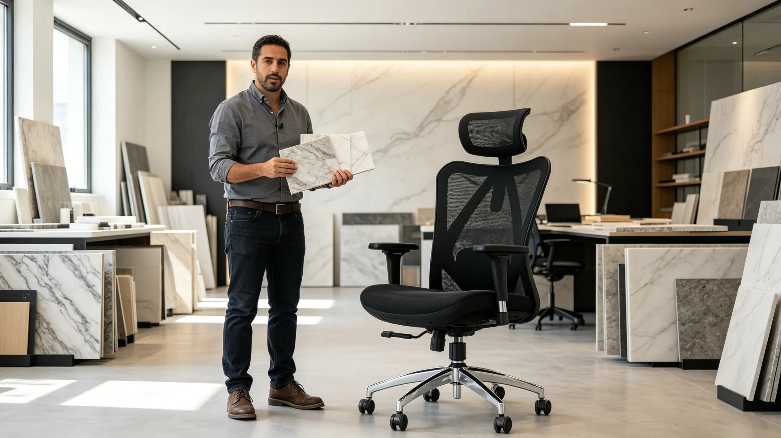 Bruno, ingeniero industrial de 36 años, calculando algoritmos de textura cerámica sentado en su silla de oficina ergonómica Ergo Select en Madrid.