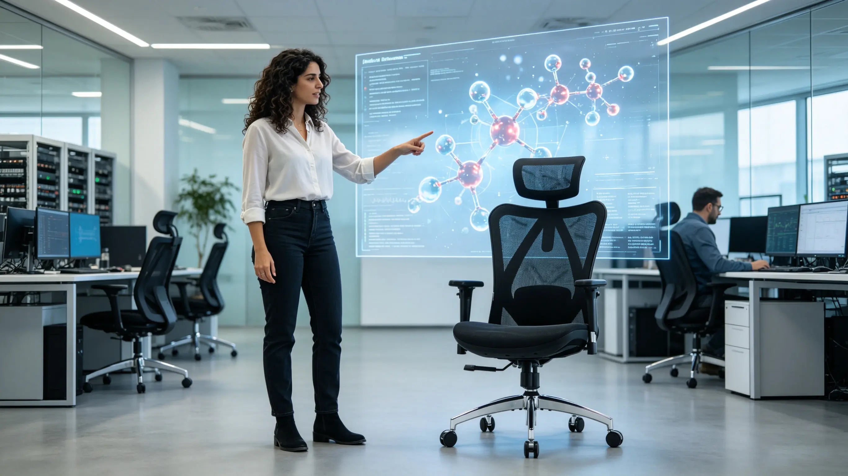 Alicia, ingeniera de simulación cuántica de 31 años, analizando redes de tensores sentada en su silla ergonómica para oficina Ergo Select en Barcelona.