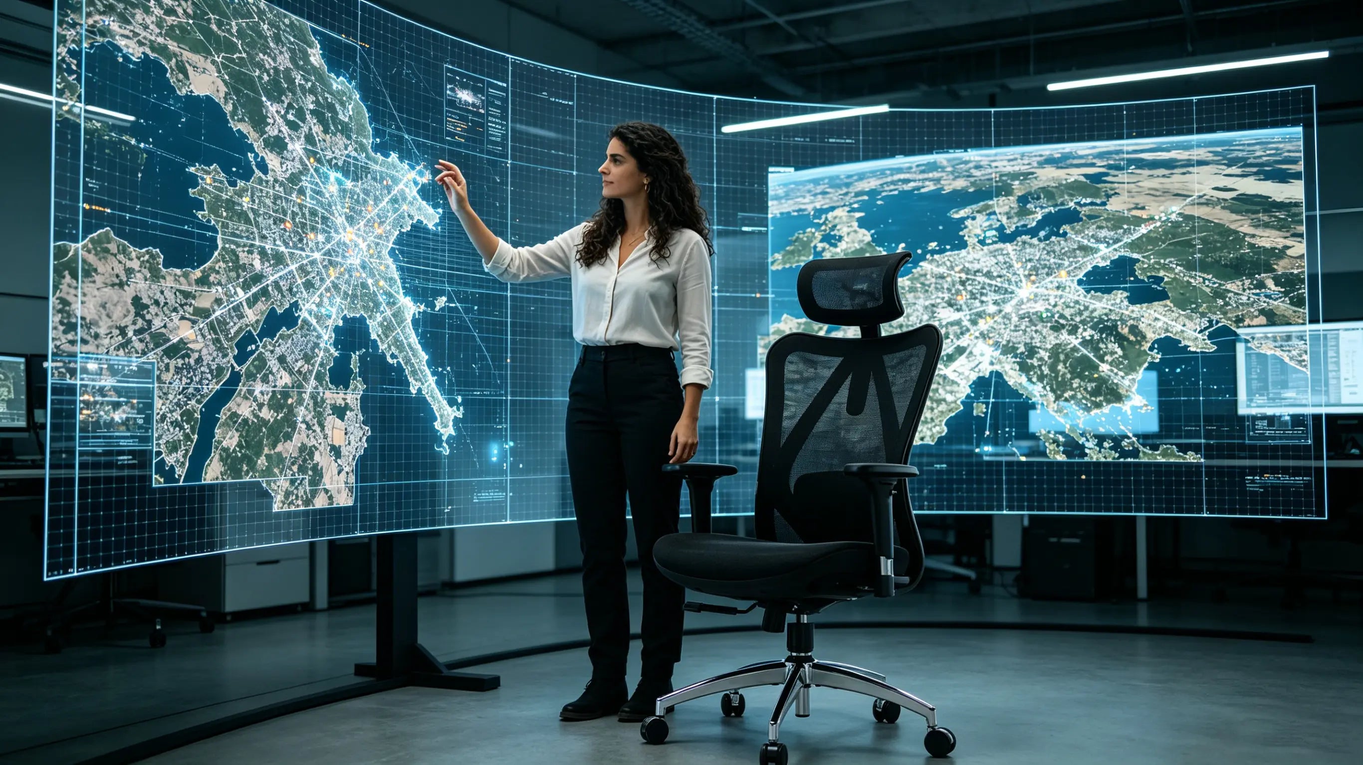 Elena, ingeniera aeroespacial de 34 años, analizando mapas espectrales satelitales sentada en su silla ergonómica para oficina Ergo Select en Barcelona.