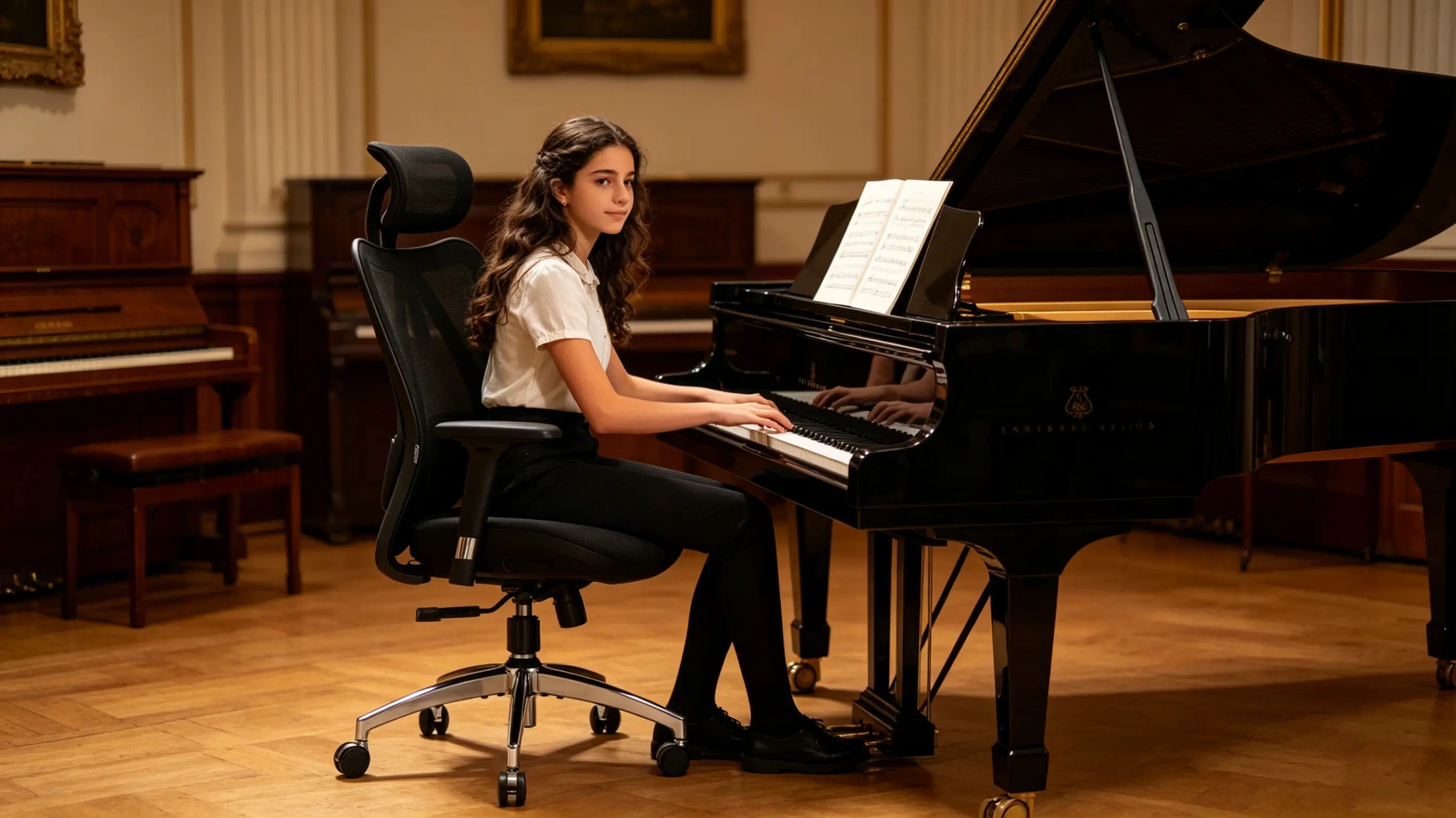 Valeria, una joven pianista y compositora de 15 años, editando partituras digitales sentada en su silla de malla técnica Ergo Select en Madrid.