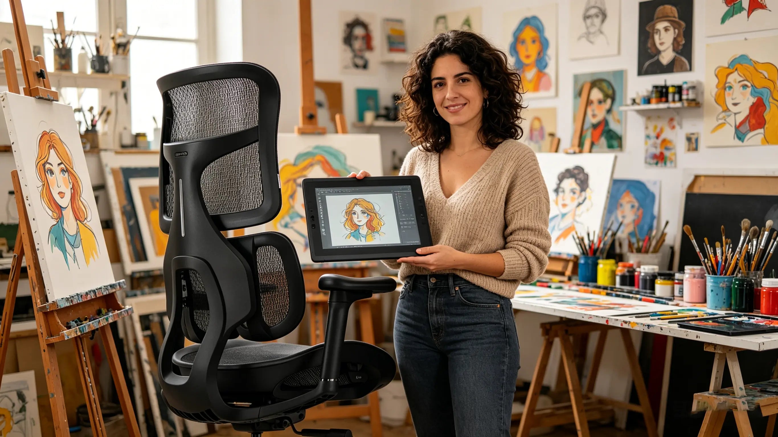 Isabel dibujando en su tableta gráfica sentada en su silla de oficina Ergo Select en Barcelona