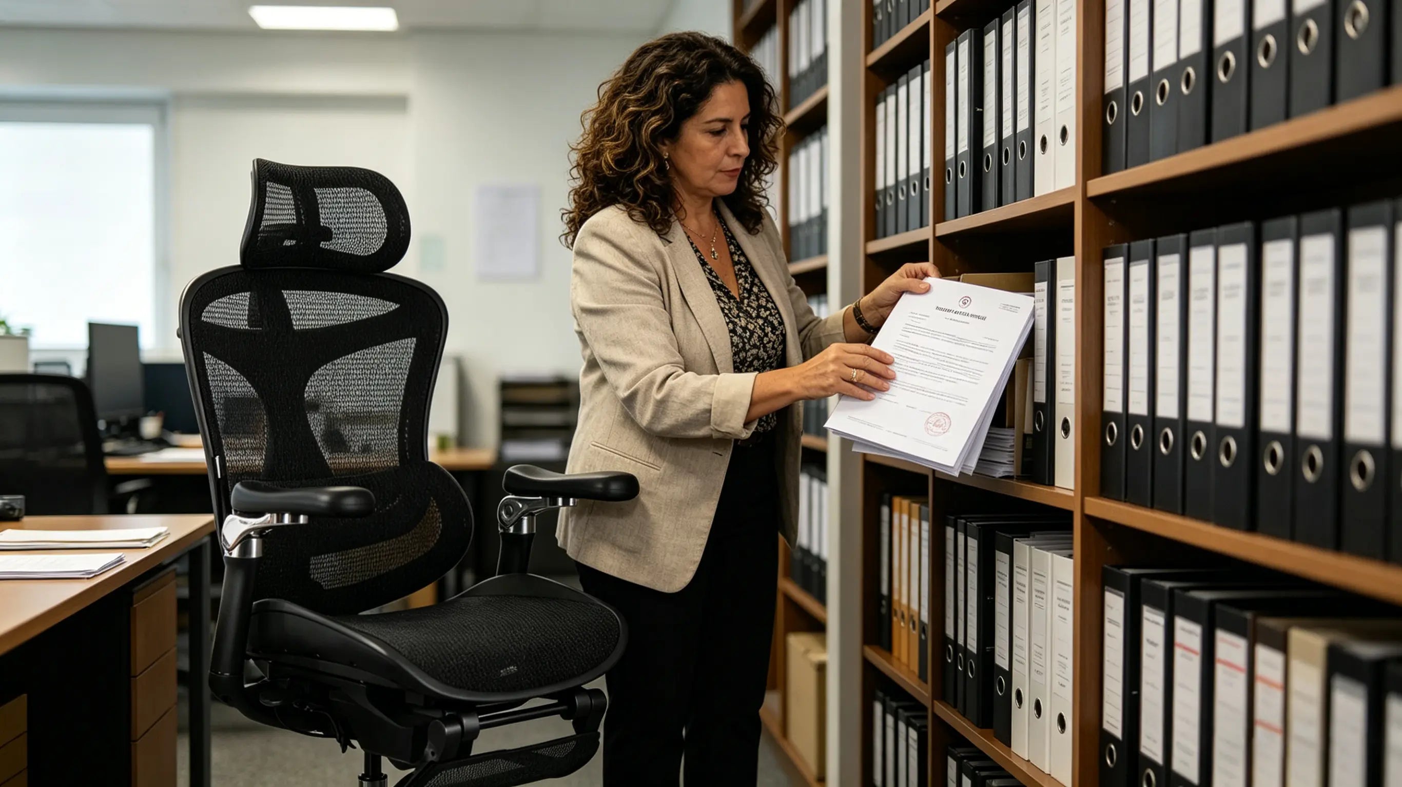 Elena analizando expedientes de marcas sentada en su silla oficina ergonomica Ergo Select en Alicante