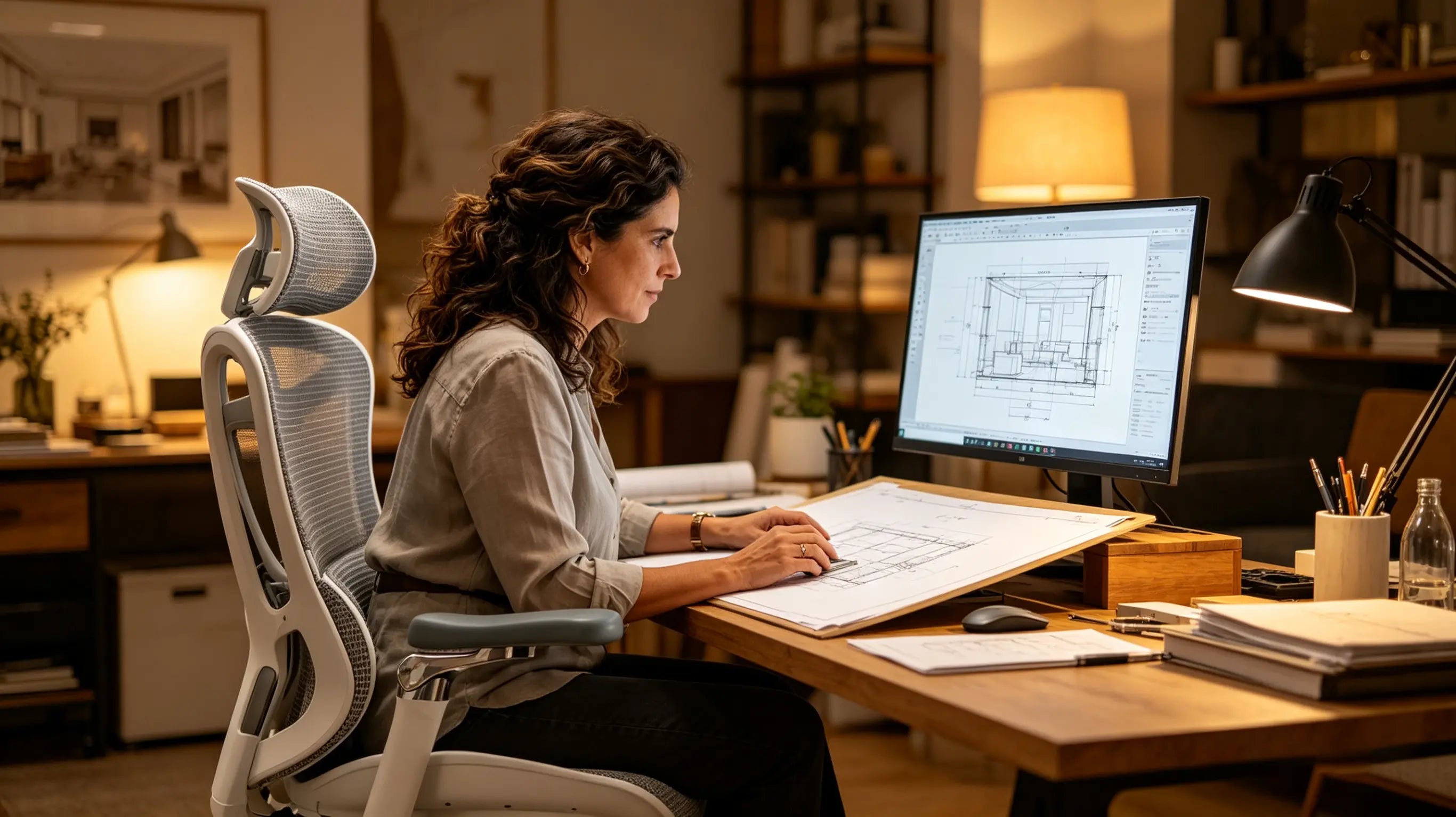 Silvia revisando planos de interiorismo sentada en su silla ergonómica Ergo Select en Madrid.