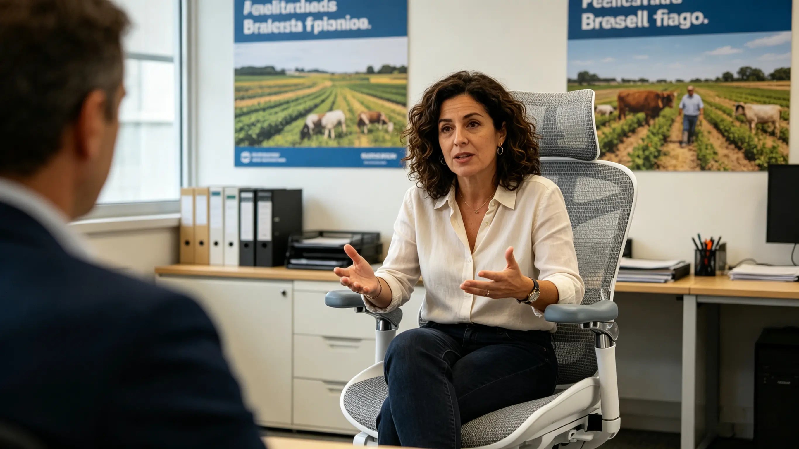 Elena analizando normativas agrícolas de la UE sentada en su silla oficina ergonomica Ergo Select en Alicante