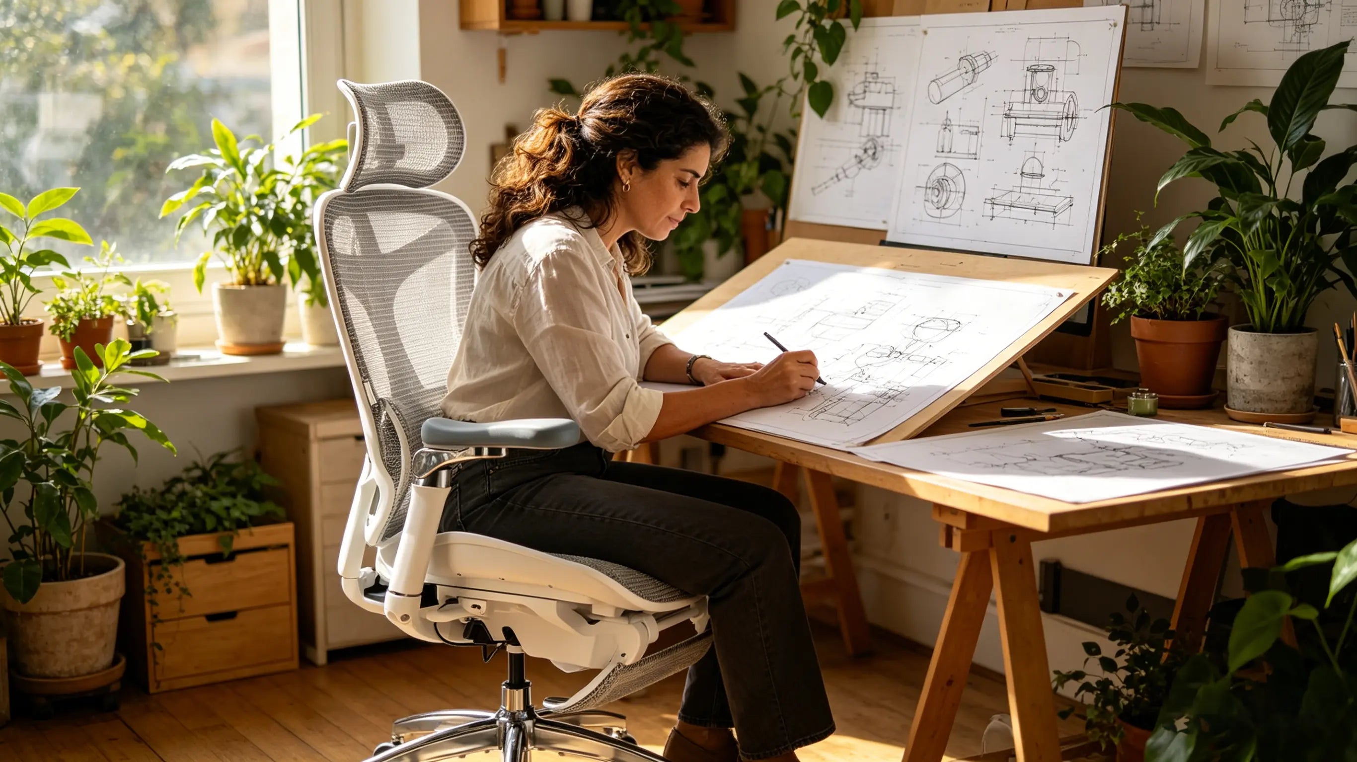 Clara trazando planos de patentes con su silla oficina ergonomica Ergo Select en su estudio de Alicante.