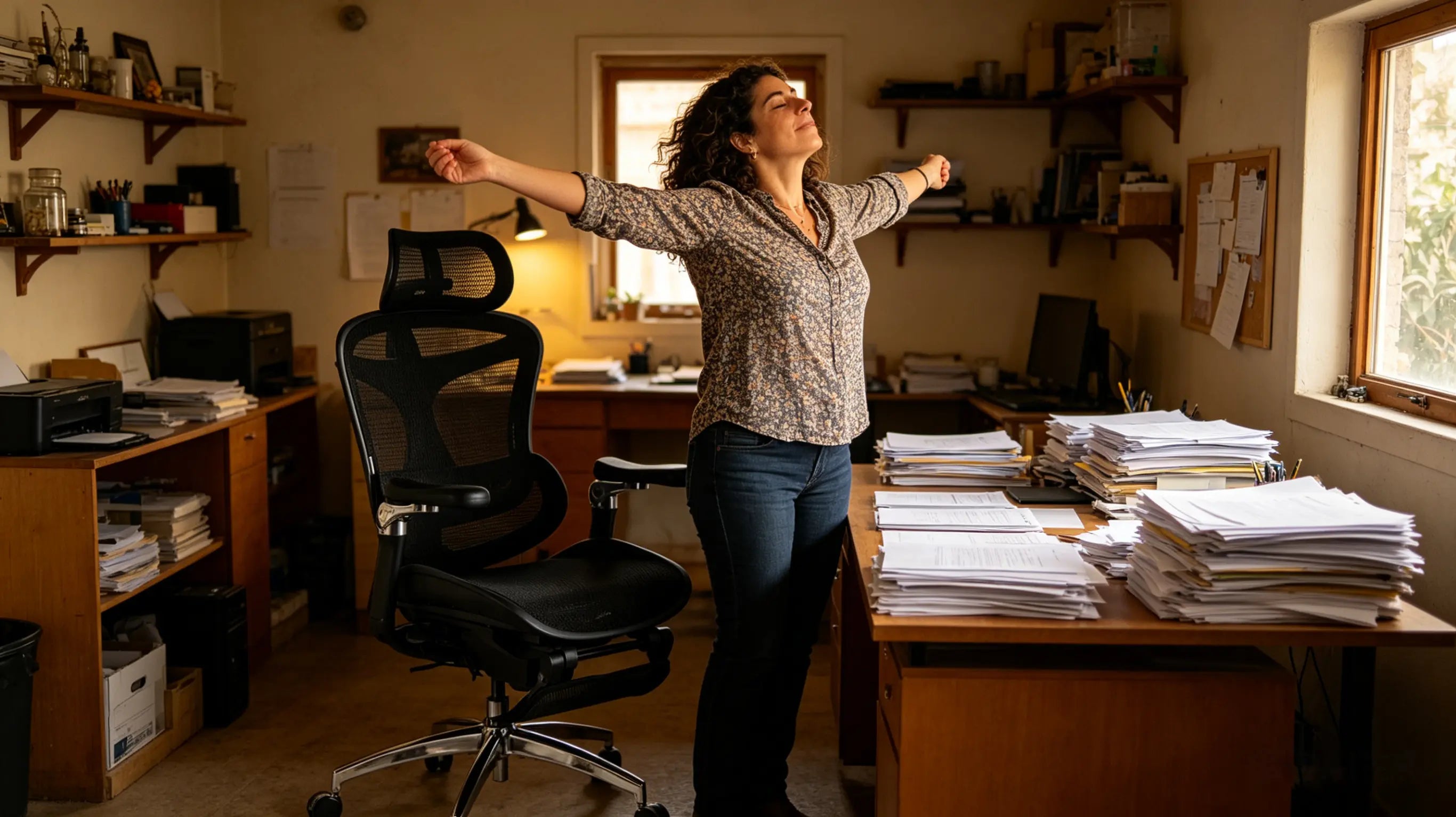 Elena redactando una propuesta de fondos europeos sentada en su silla oficina ergonomica Ergo Select en Alicante