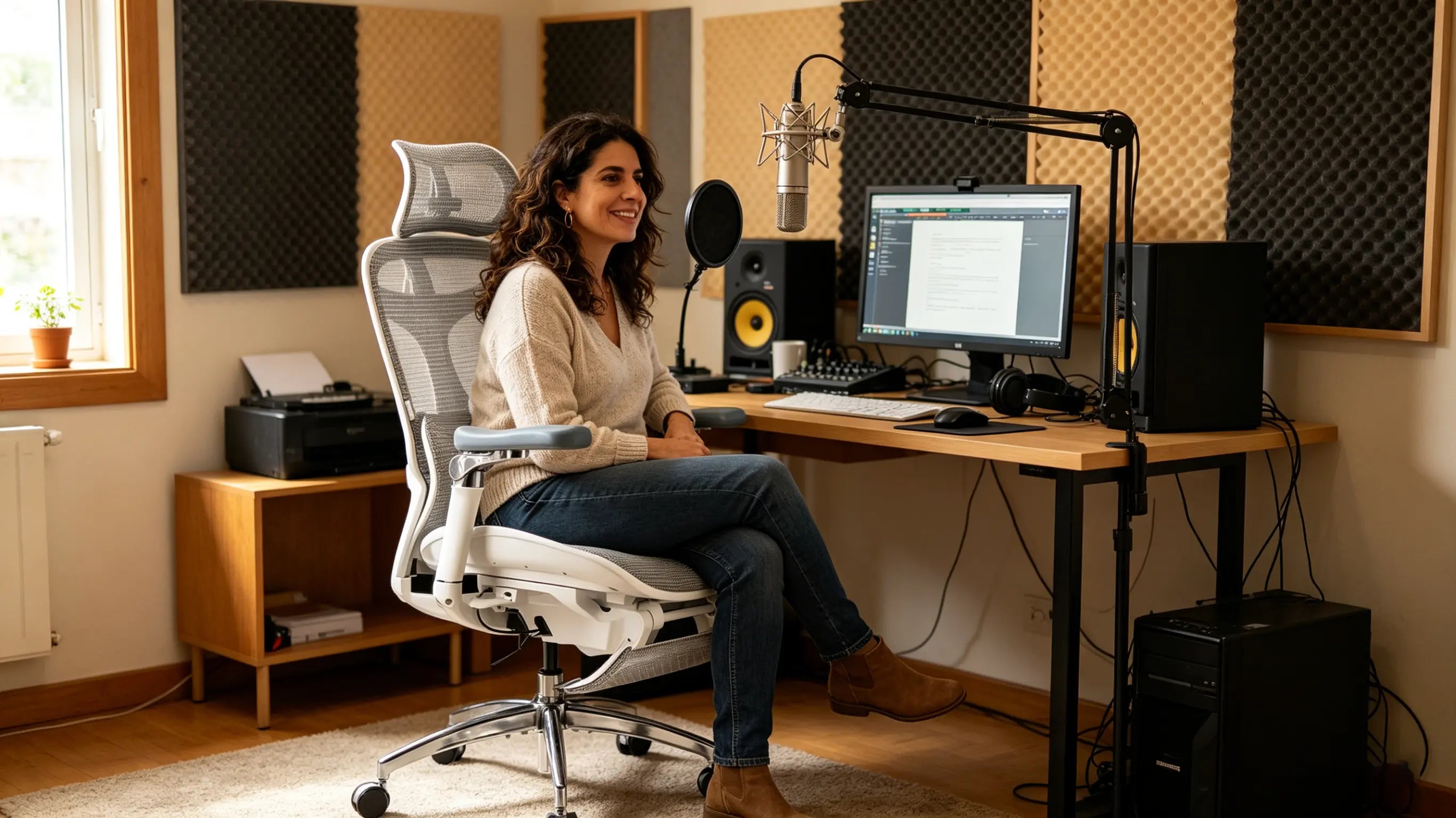 Clara grabando una locución sentada en su silla escritorio ergonomica Ergo Select en su estudio de Alicante