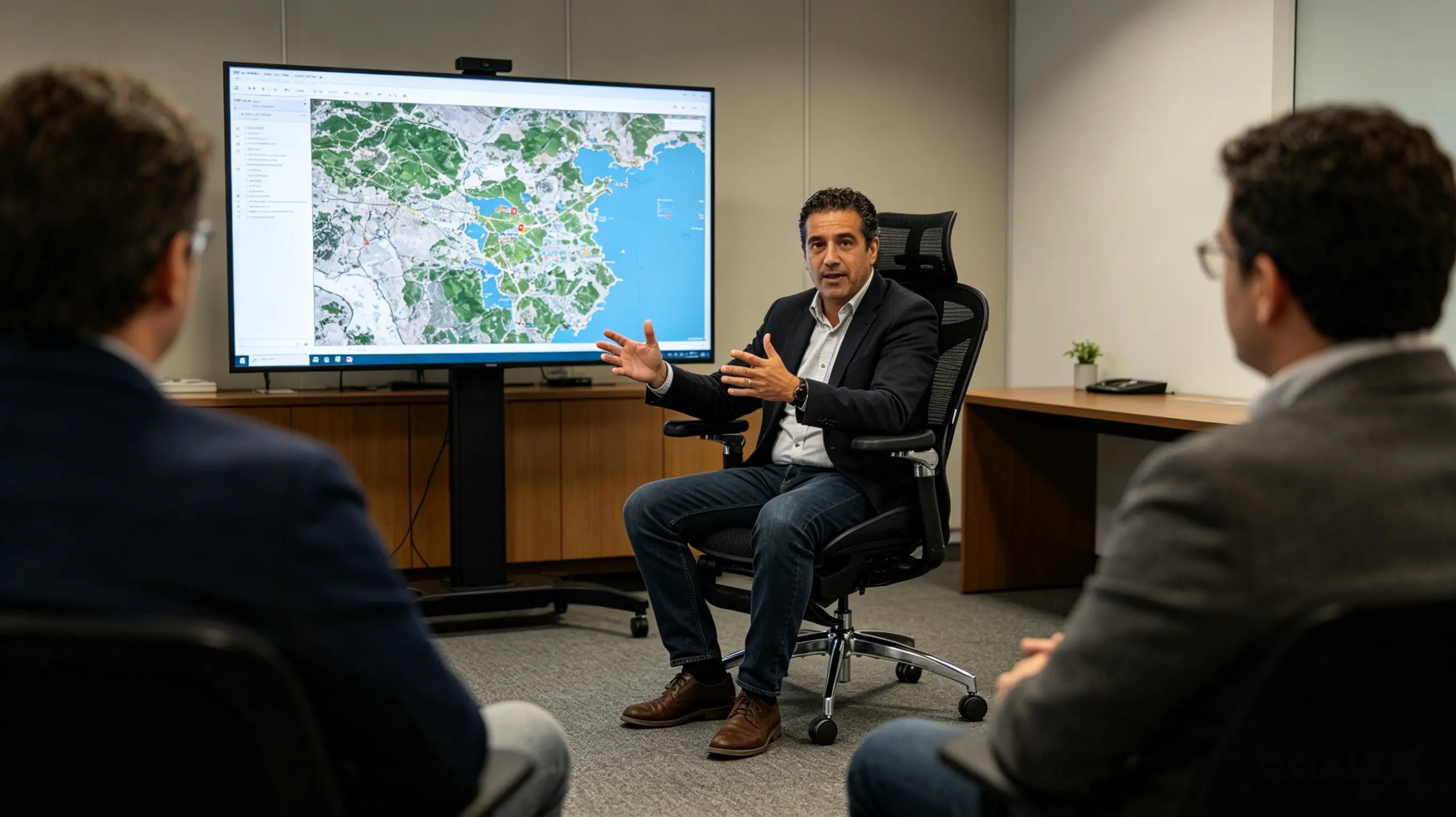 Andrés revisando mapas de impacto ambiental sentado en una de nuestras sillas para escritorio Ergo Select en Bilbao