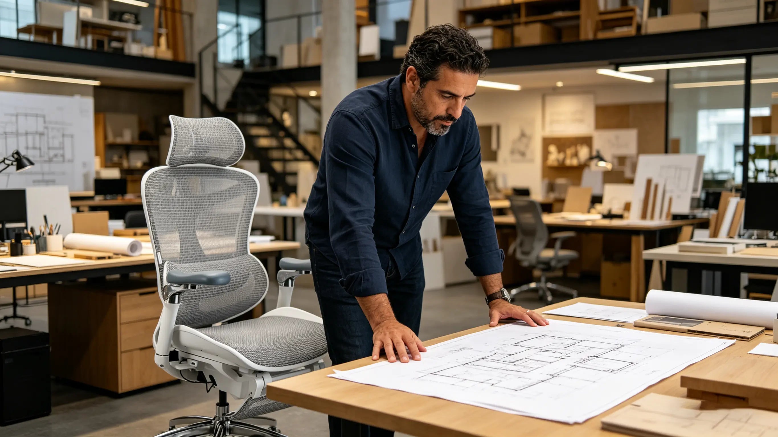 Arquitecto utilizando el reposapiés retráctil de la silla de oficina para reflexionar sobre un plano.