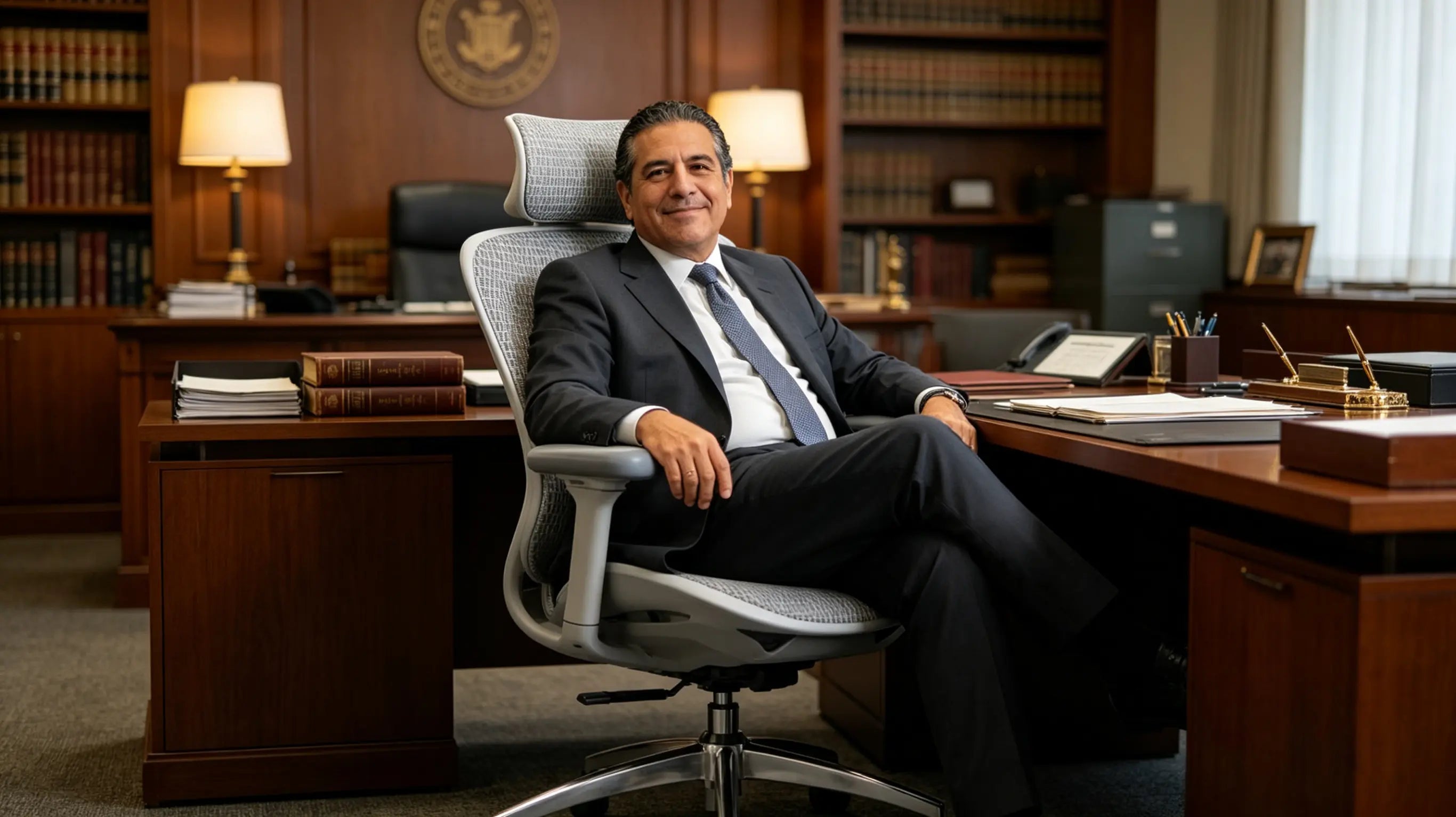 Ricardo reviewing legal contracts while sitting on his High Back Ergonomic Mesh Task Chair in Salamanca.