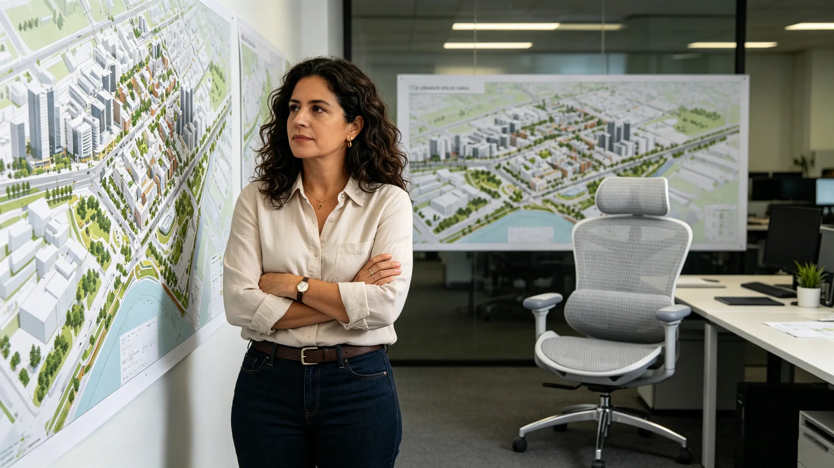 Elena designing sustainable urban parks while sitting on her High Back Ergonomic Mesh Task Chair in Barcelona.