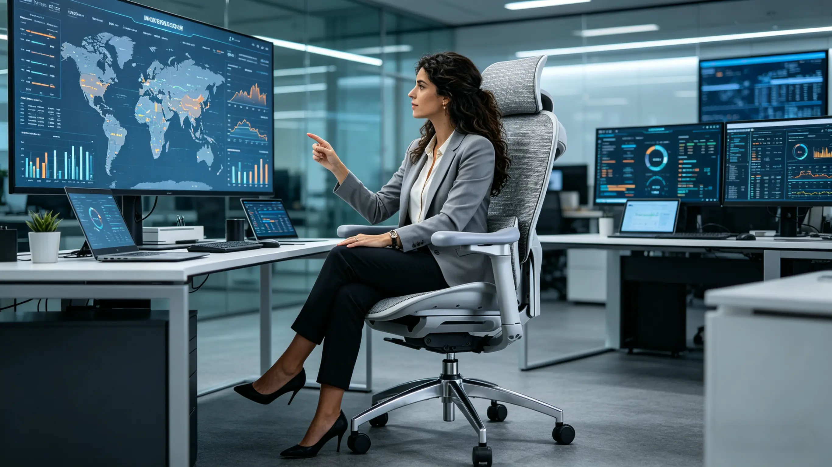 Elena analizando métricas de campañas globales sentada en su silla Ergo Select en su oficina de Madrid.