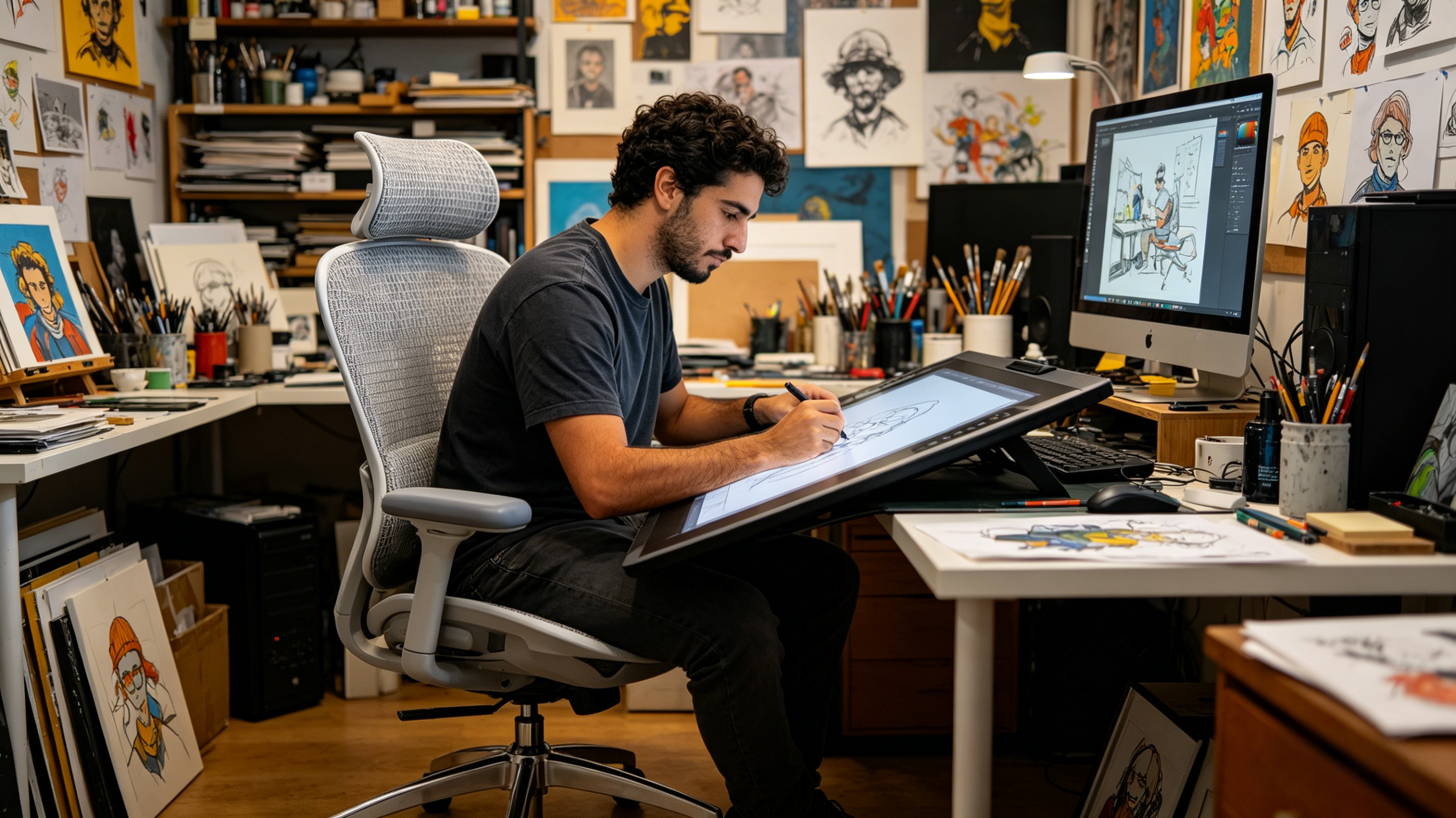 Mateo drawing on a large graphics tablet while sitting on his High Back Ergonomic Mesh Task Chair in Madrid.