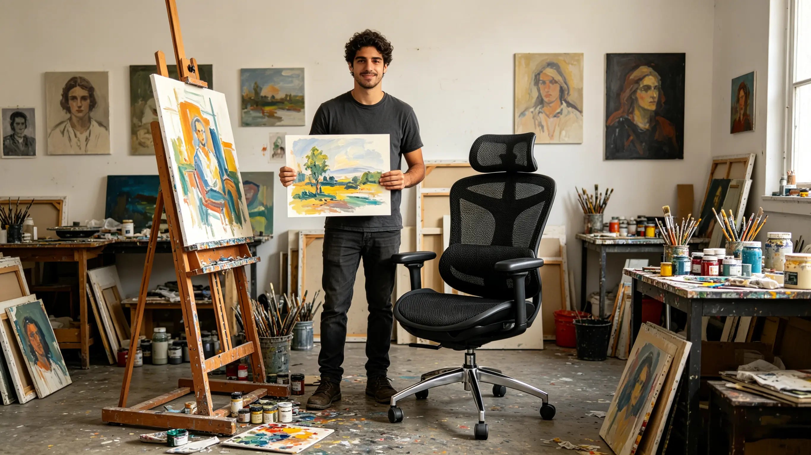 Mateo drawing on a digital tablet while sitting on his High Back Ergonomic Mesh Task Chair in his Madrid studio.