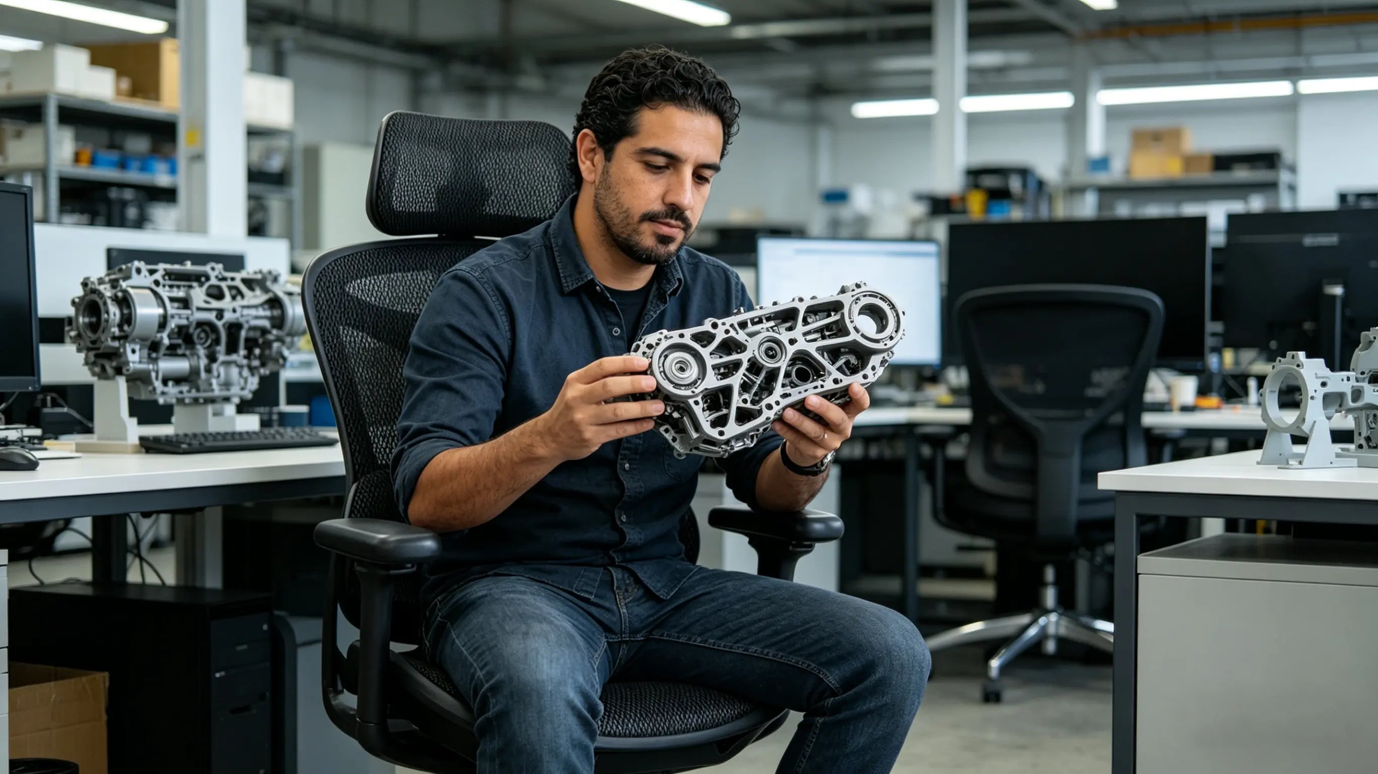 Diego designing complex mechanical components in CAD while sitting on his High Back Ergonomic Mesh Task Chair in Madrid.