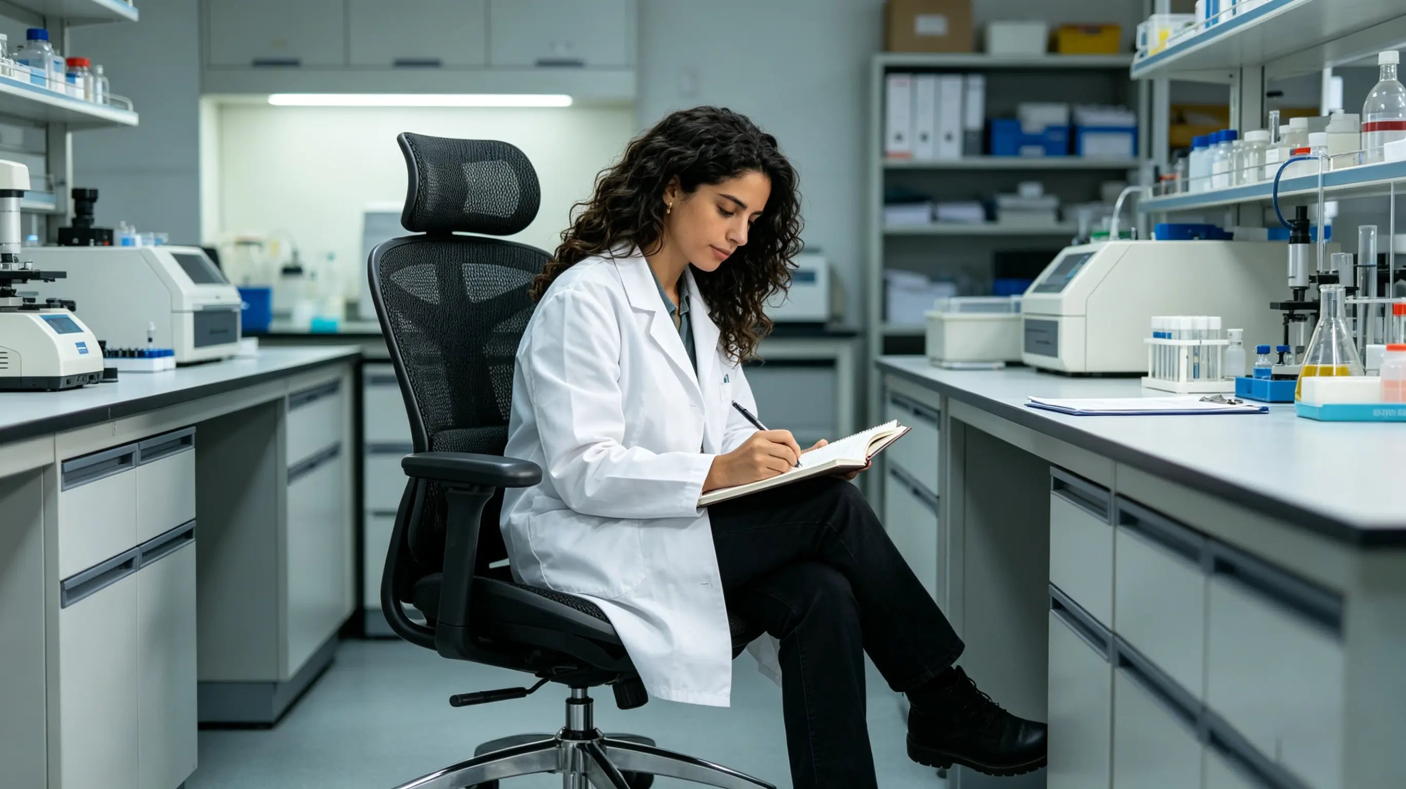 Carla analyzing biotech data while sitting on her High Back Ergonomic Mesh Task Chair in a Barcelona research center.