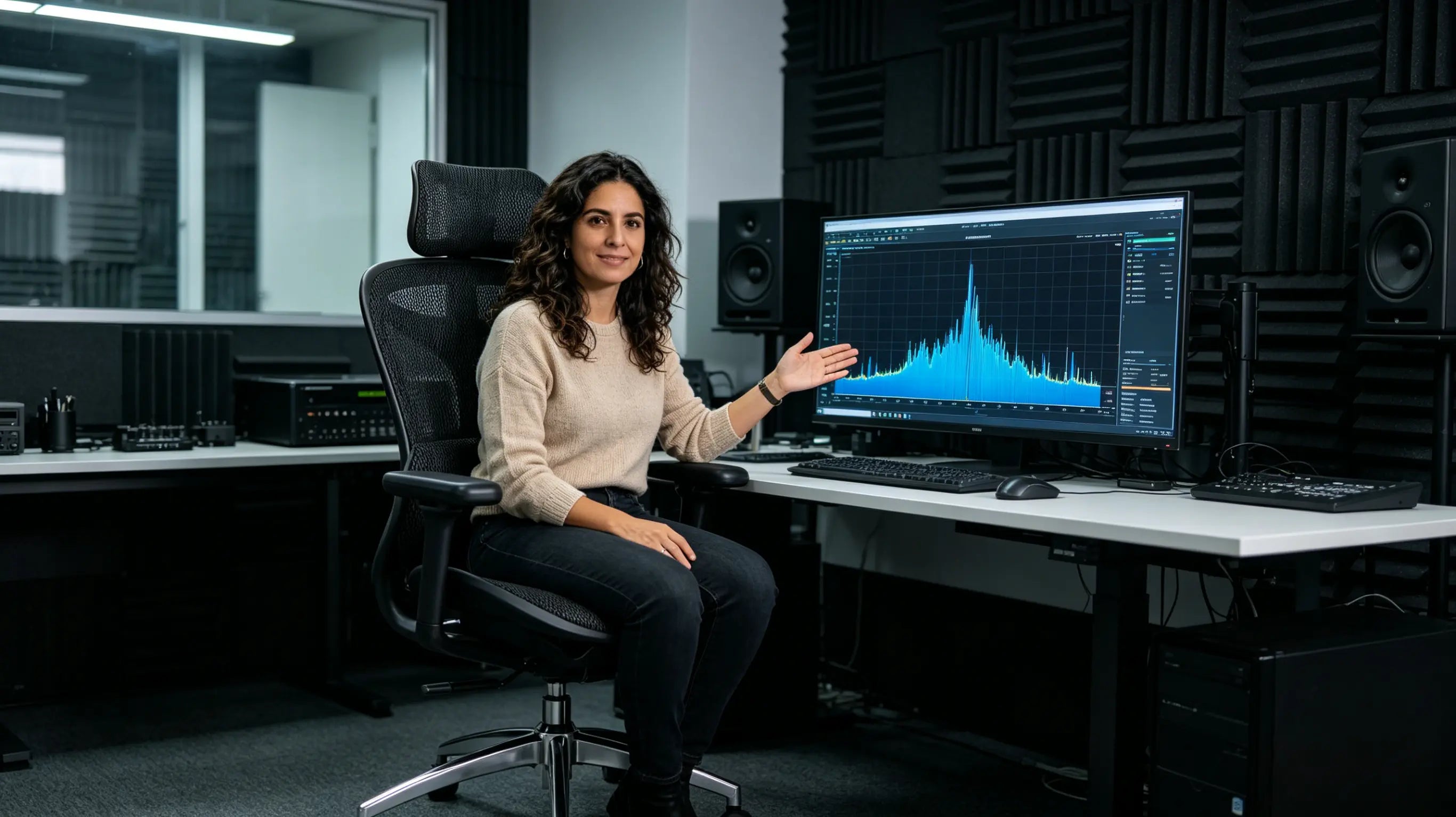 Silvia analyzing sound wave frequency response while sitting on her High Back Ergonomic Mesh Task Chair in a Valencia studio.