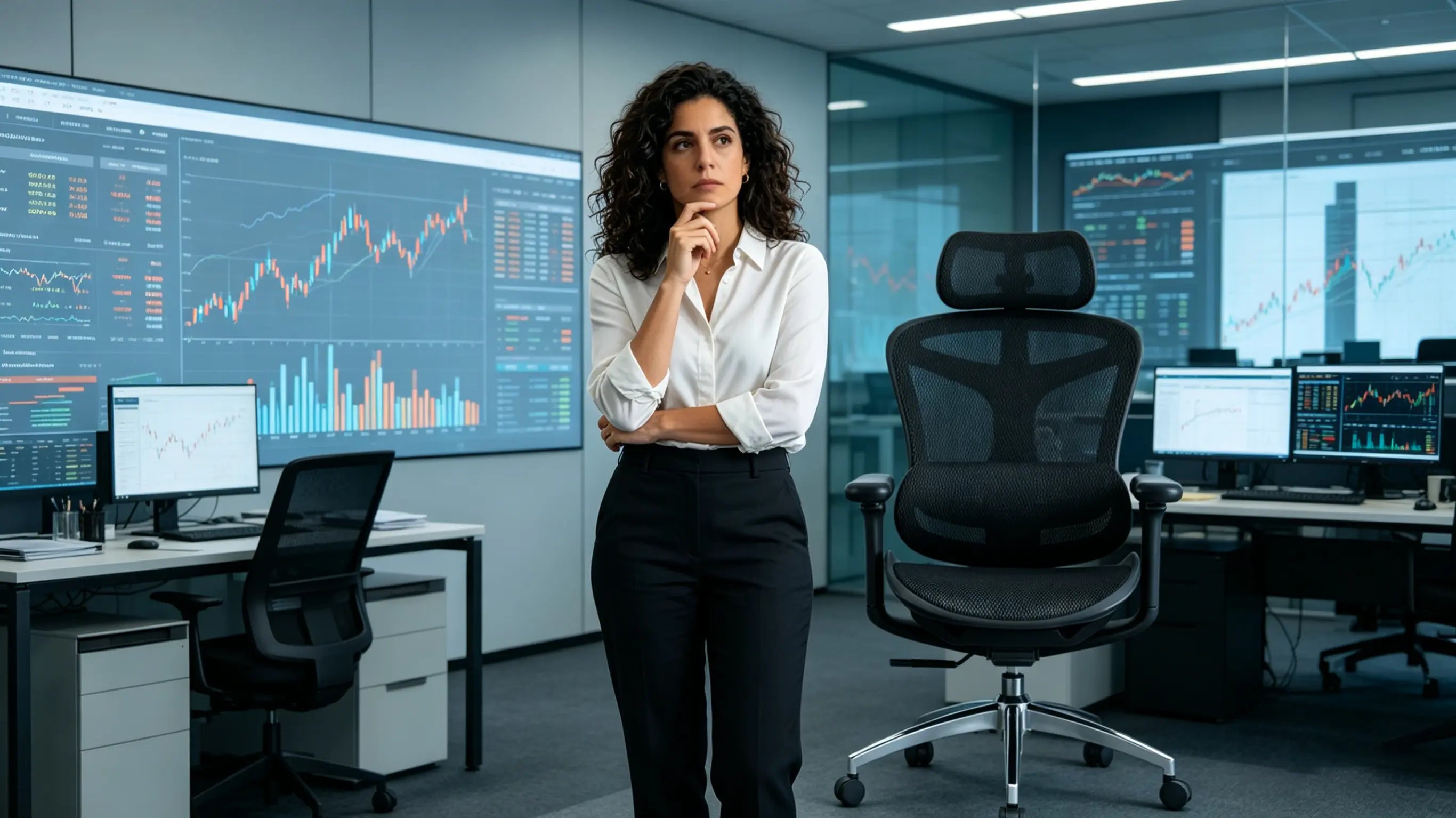 Martina analyzing stock market trends while sitting on her High Back Ergonomic Mesh Task Chair in Madrid.