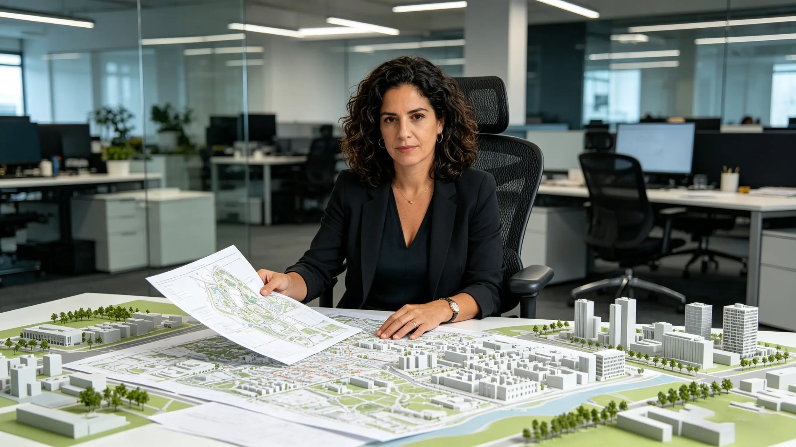 Martina reviewing urban development plans while sitting on her High Back Ergonomic Mesh Task Chair in Barcelona.