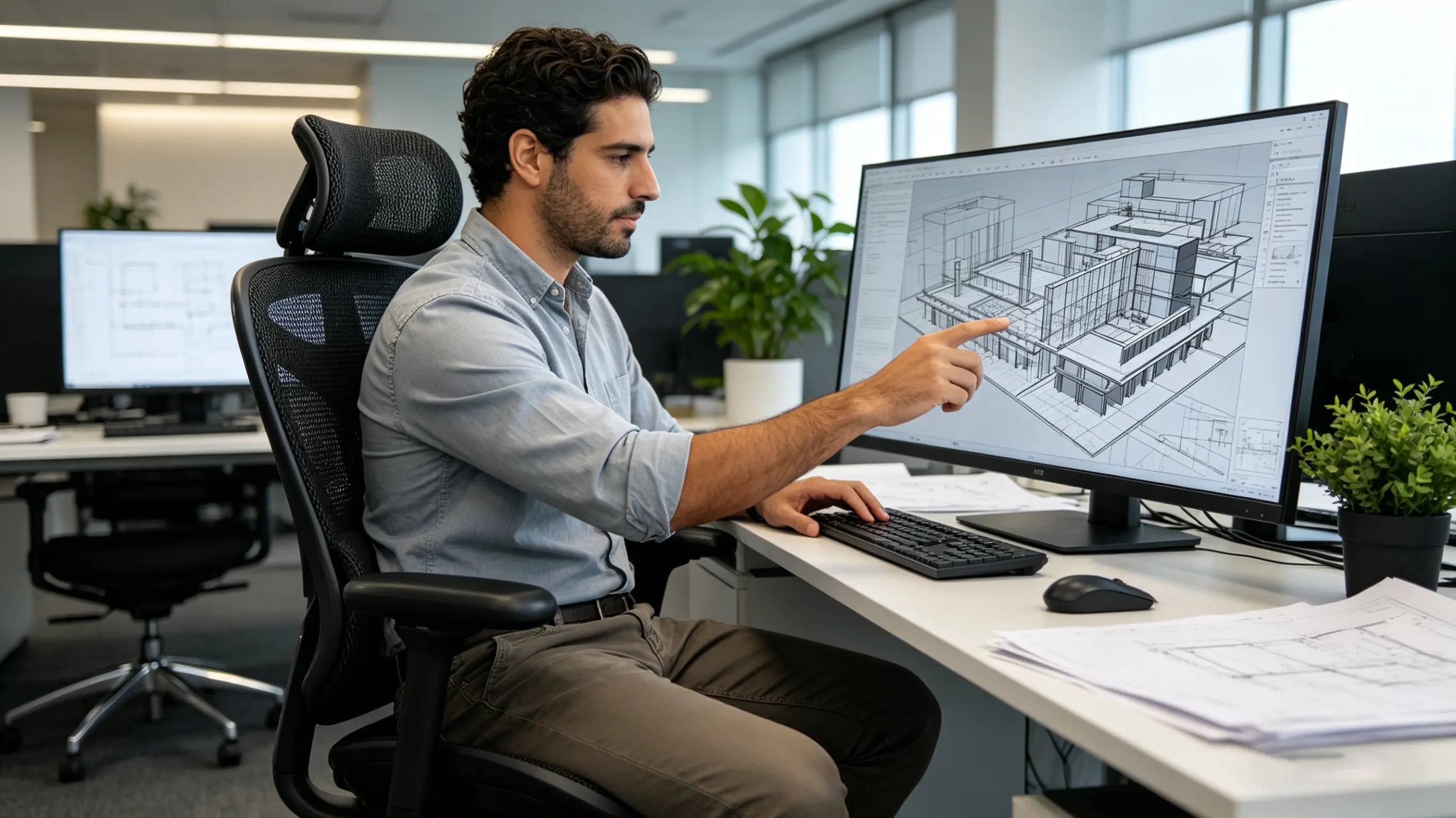 Diego coordinating a complex BIM project while sitting on his High Back Ergonomic Mesh Task Chair in Madrid.