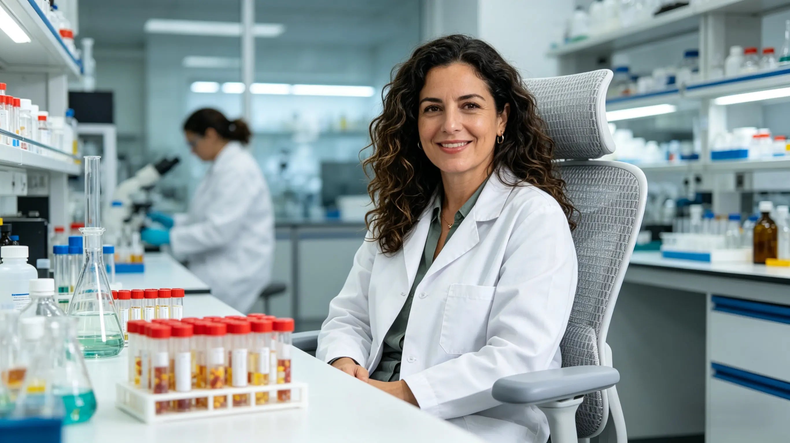 Laura analyzing molecular drug data while sitting on her High Back Ergonomic Mesh Task Chair in a Madrid laboratory.