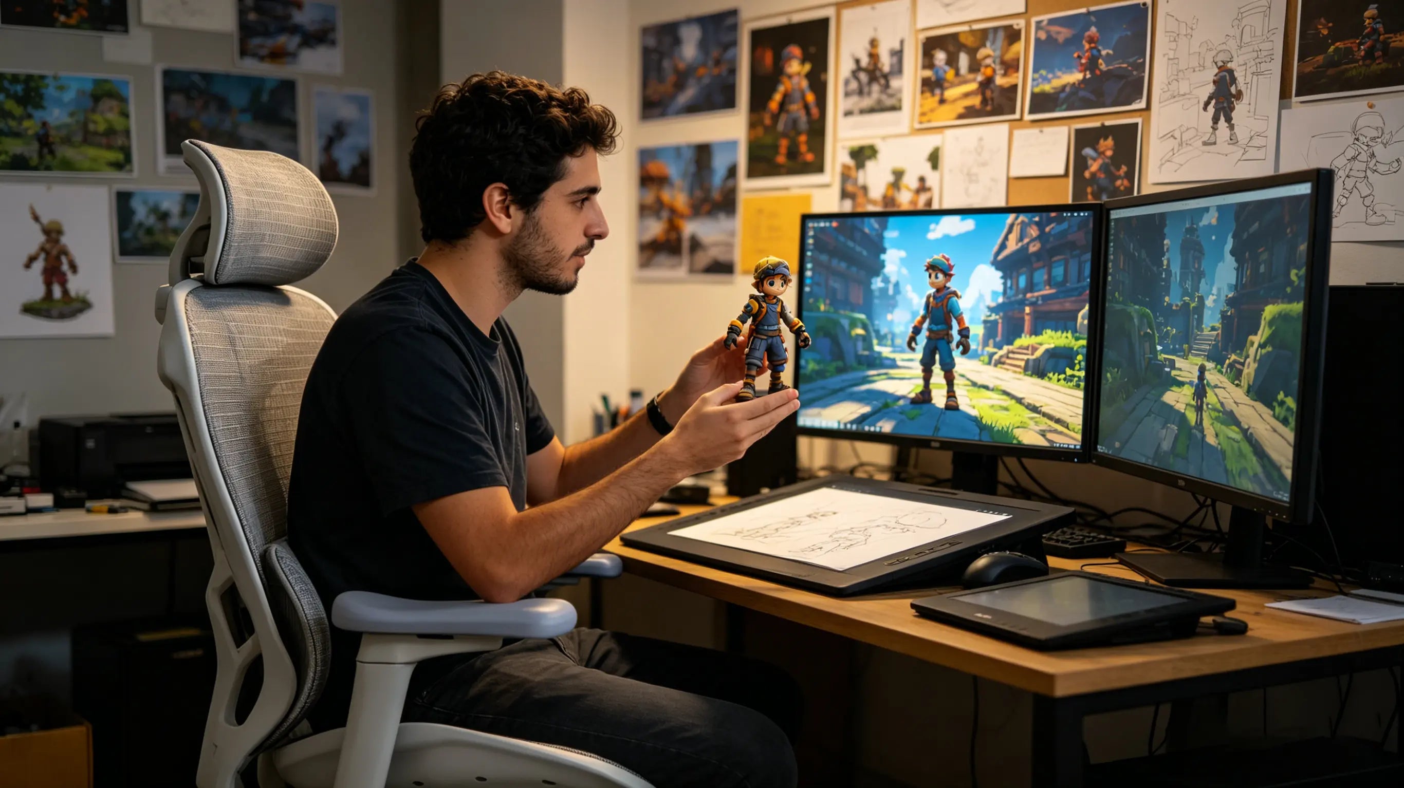 Leo coding a new adventure game while sitting on his High Back Ergonomic Mesh Task Chair in a modern Madrid studio.