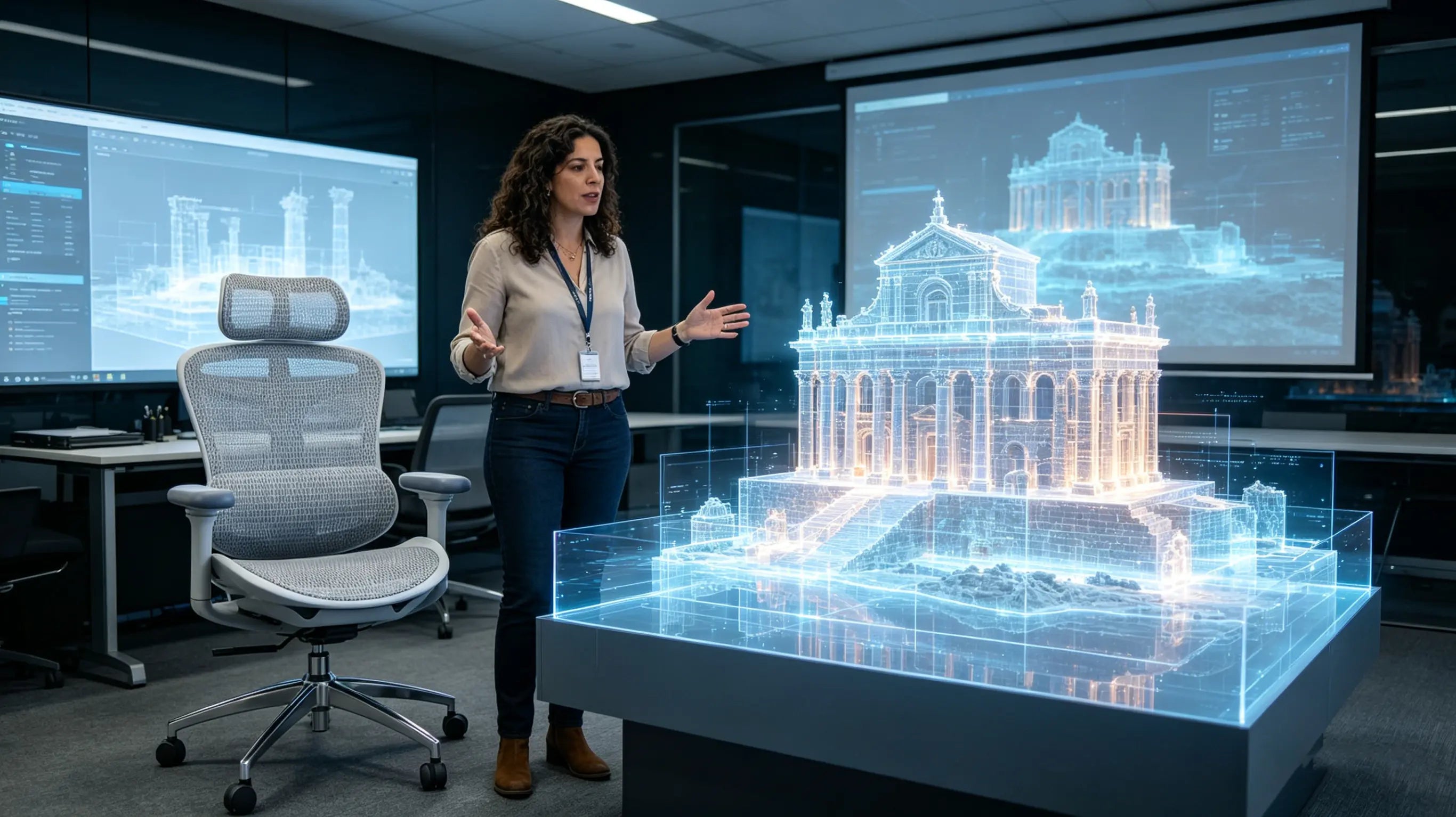 Beatriz reconstructing 3D models of historical monuments while sitting on her High Back Ergonomic Mesh Task Chair in Barcelona.