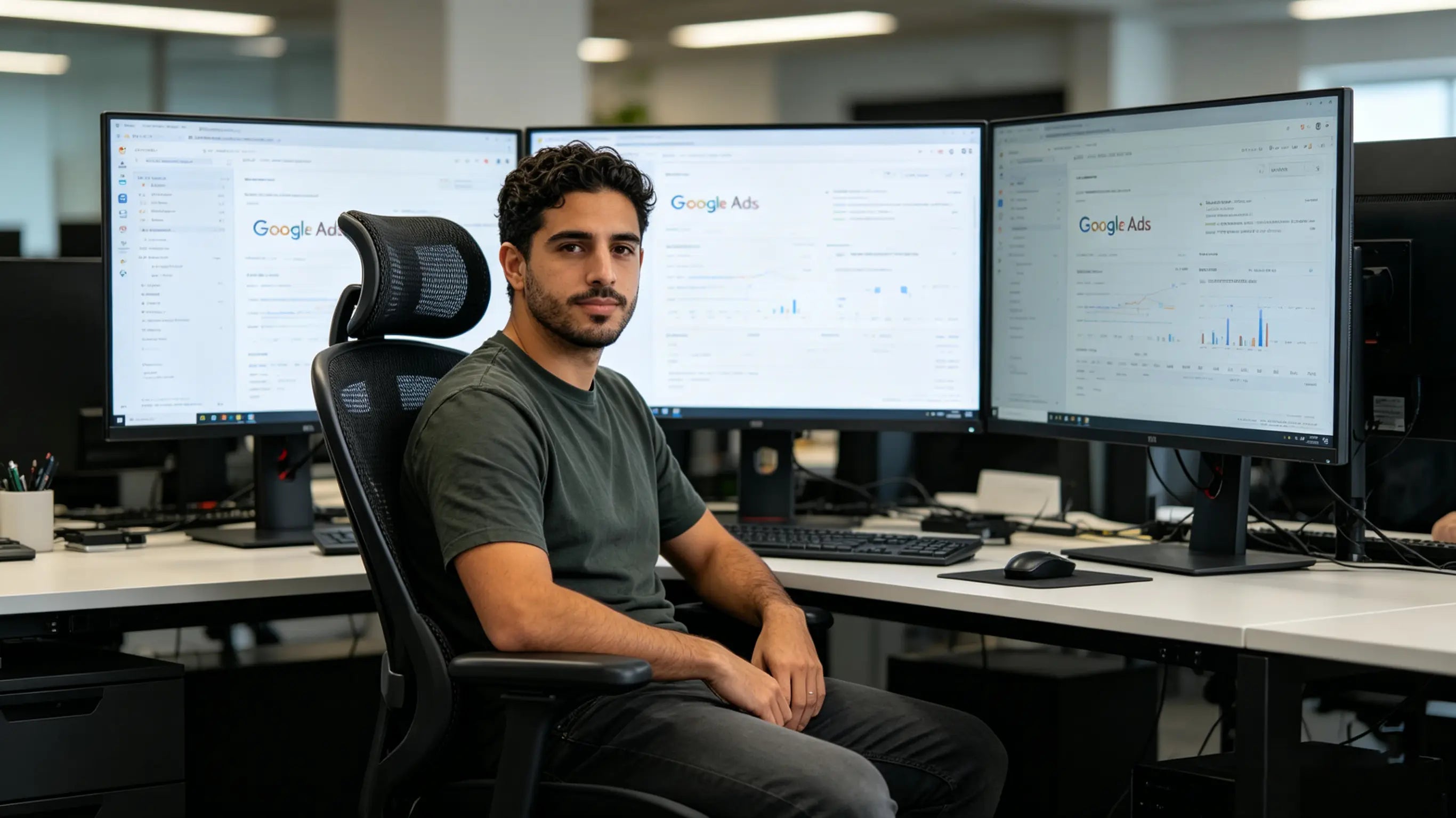 Hugo managing multi-currency Shopify stores while sitting on his High Back Ergonomic Mesh Task Chair in Valencia.