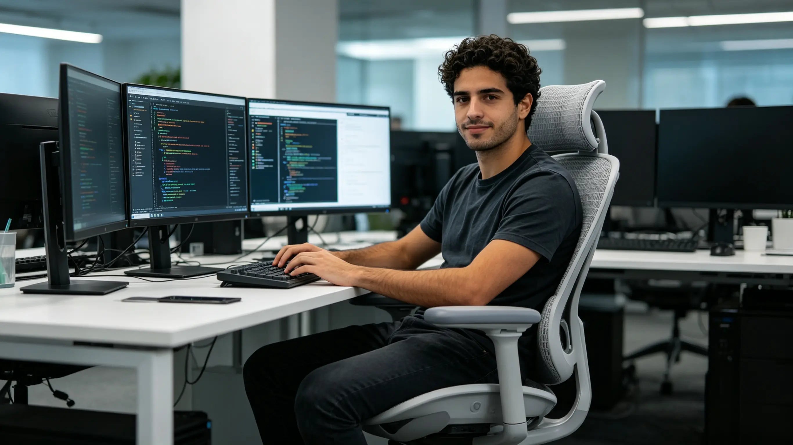 Sergio coding a complex API while sitting on his High Back Ergonomic Mesh Task Chair in his Madrid office.