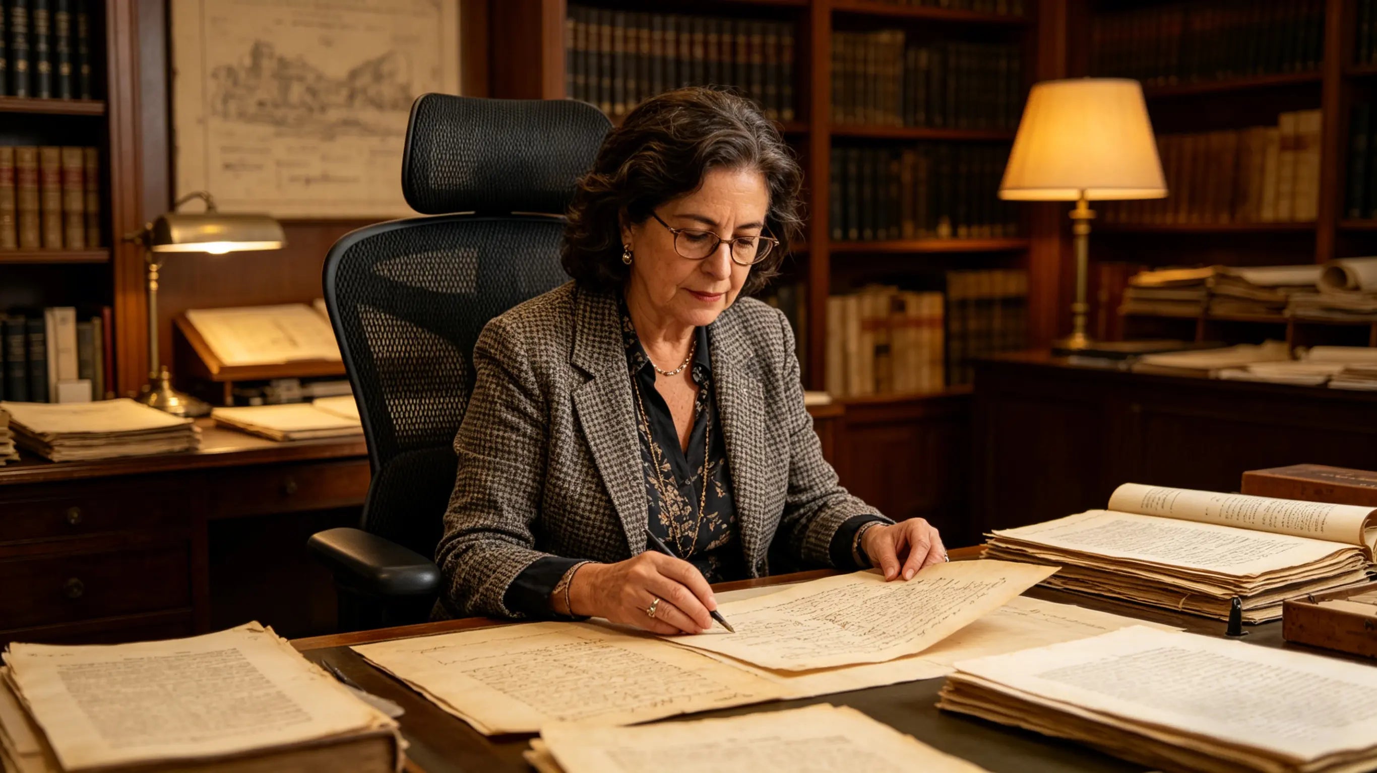 Elena examining historical manuscripts while sitting on her High Back Ergonomic Mesh Task Chair in her Barcelona study.