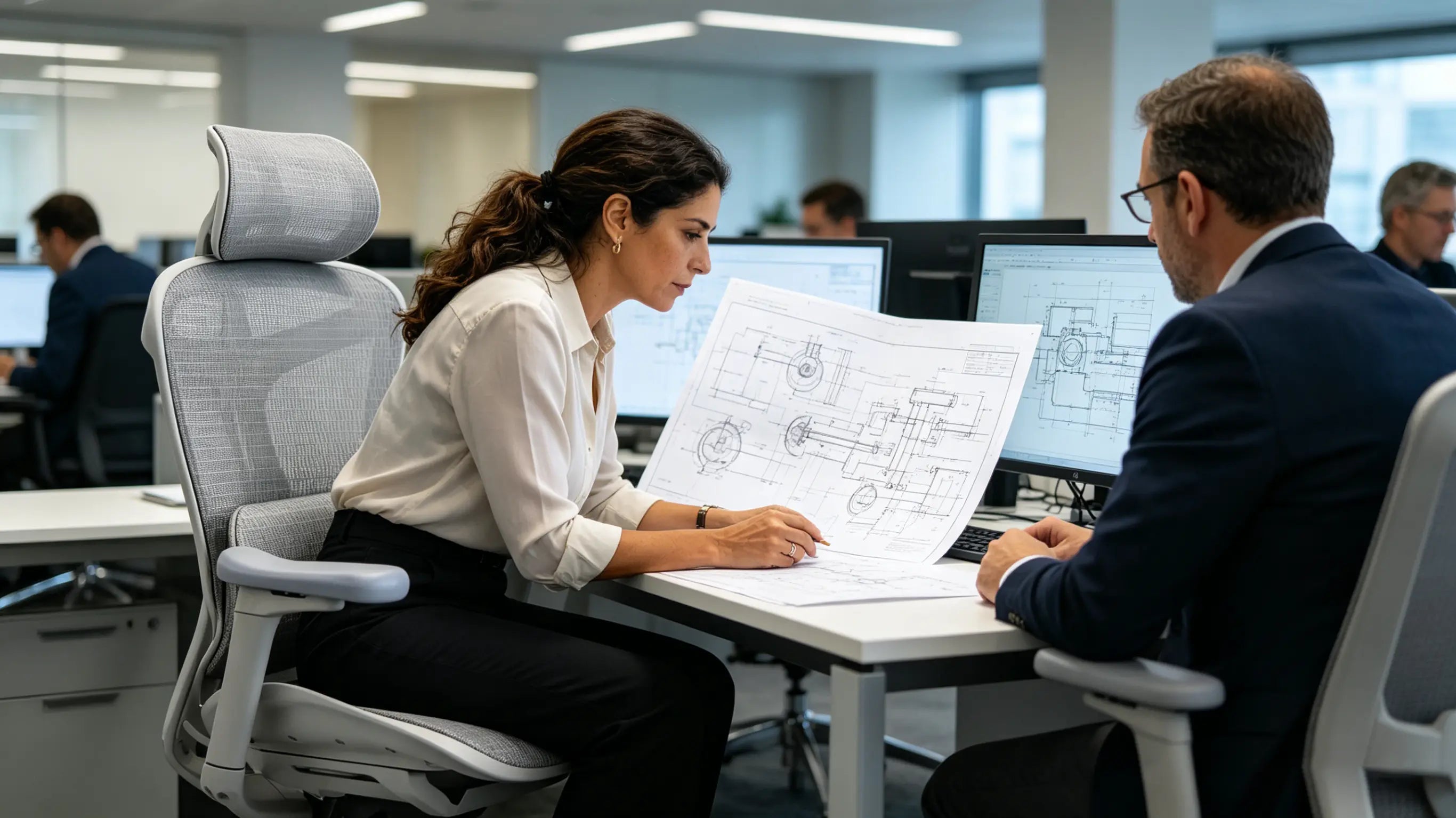 Elena reviewing complex technical blueprints while sitting on her High Back Ergonomic Mesh Task Chair in Sevilla.