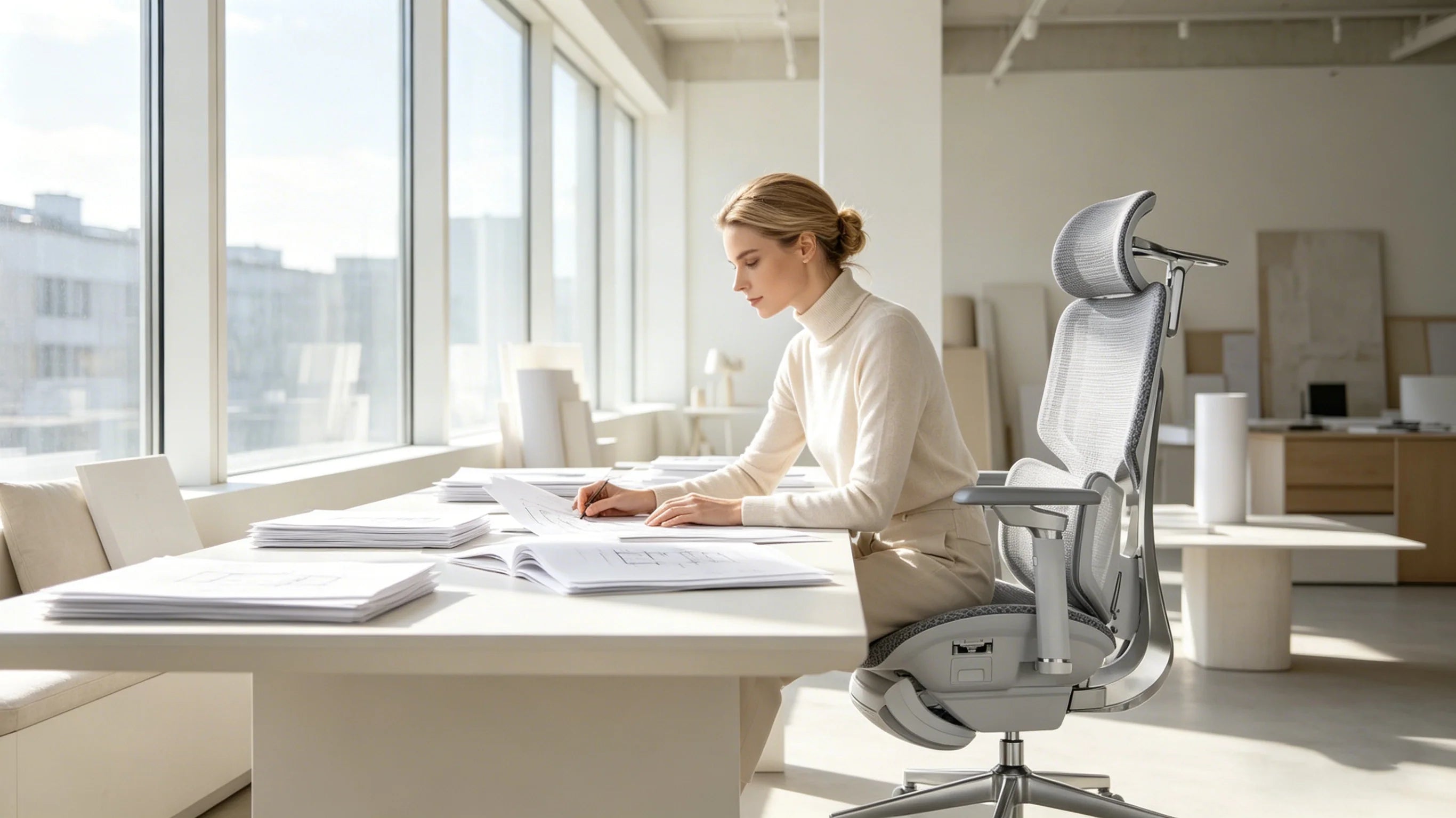 Filigrane weiße Robotic Arms am Ergo Select ergonomischer Bürostuhl weiß.