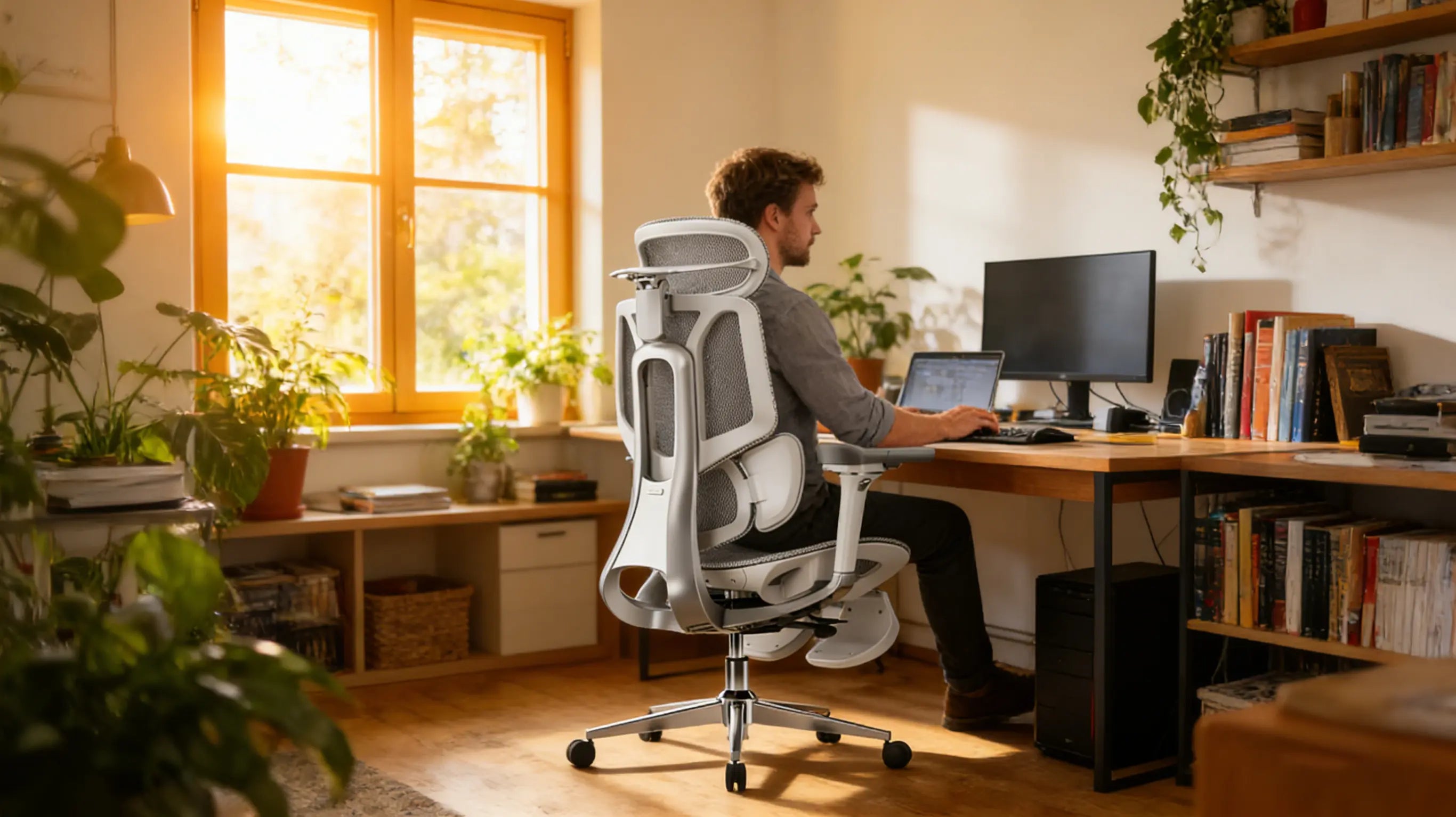 Eine Reihe hochwertiger bürostühle ergonomisch in einer modernen Bürolandschaft für Teams.