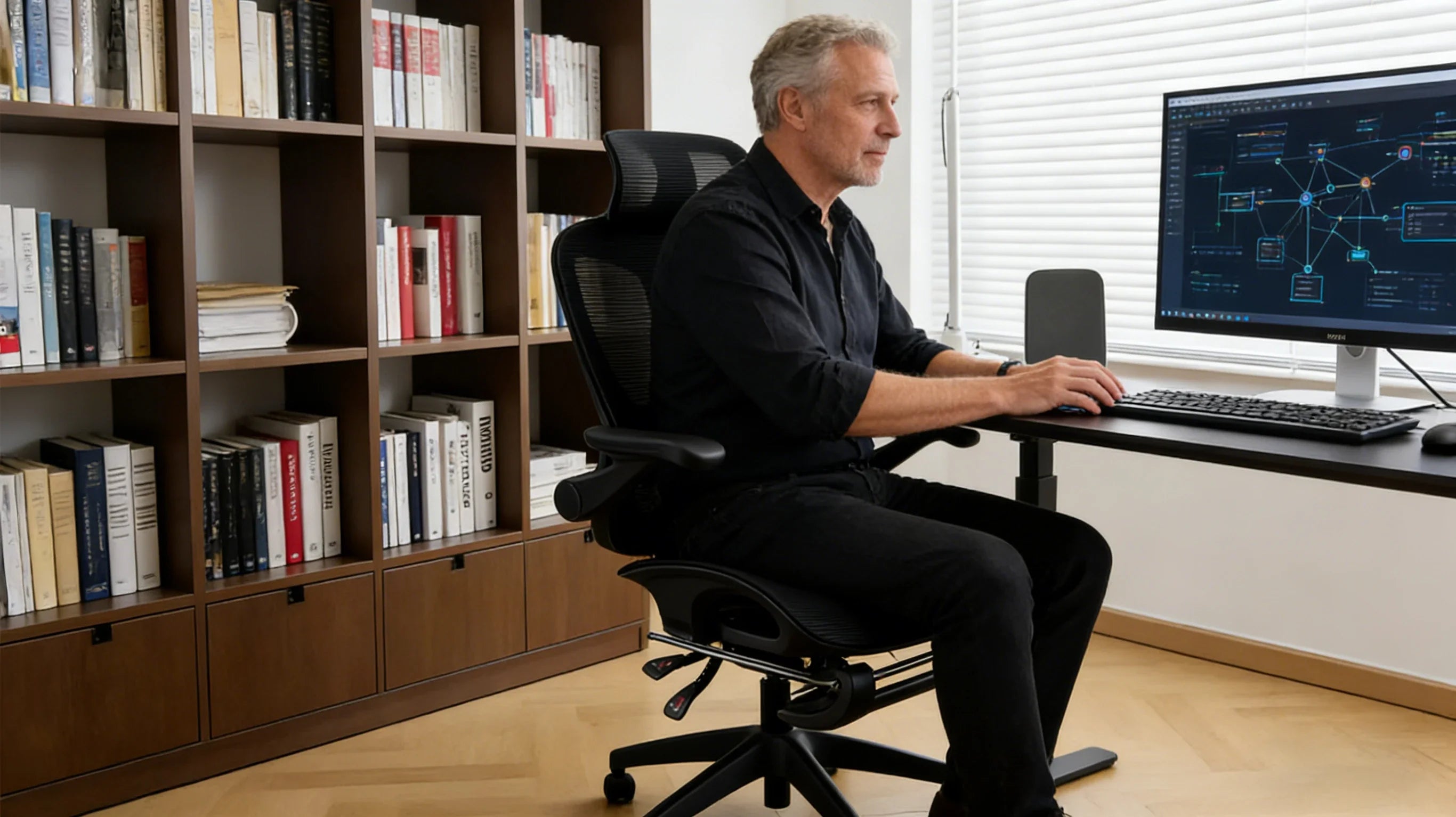 A focused software developer in a sunlit home office sitting in a high-back ergonomic chair office.