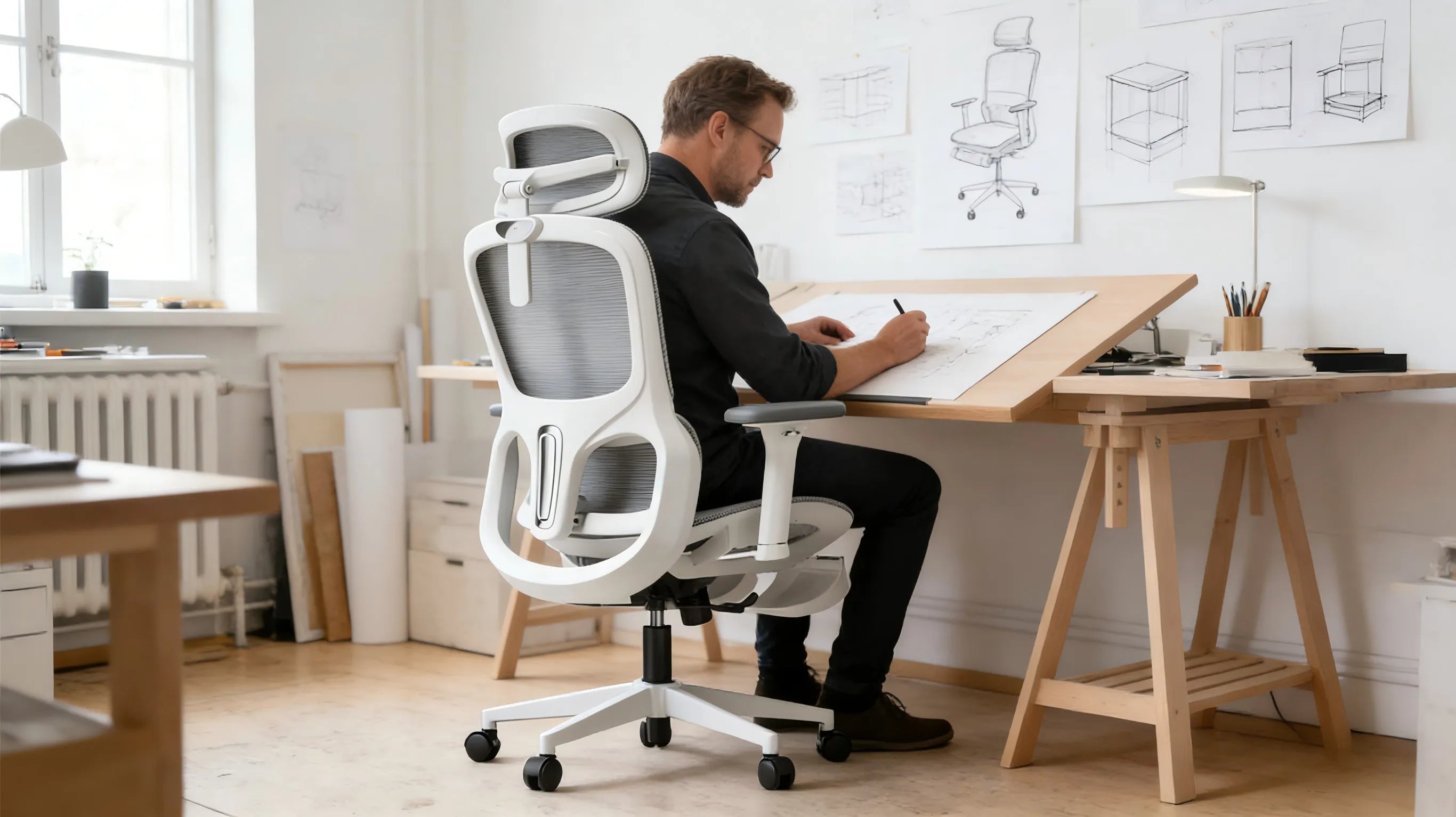 A minimalist Scandinavian office studio featuring a white-framed chair ergonomic office with grey mesh.