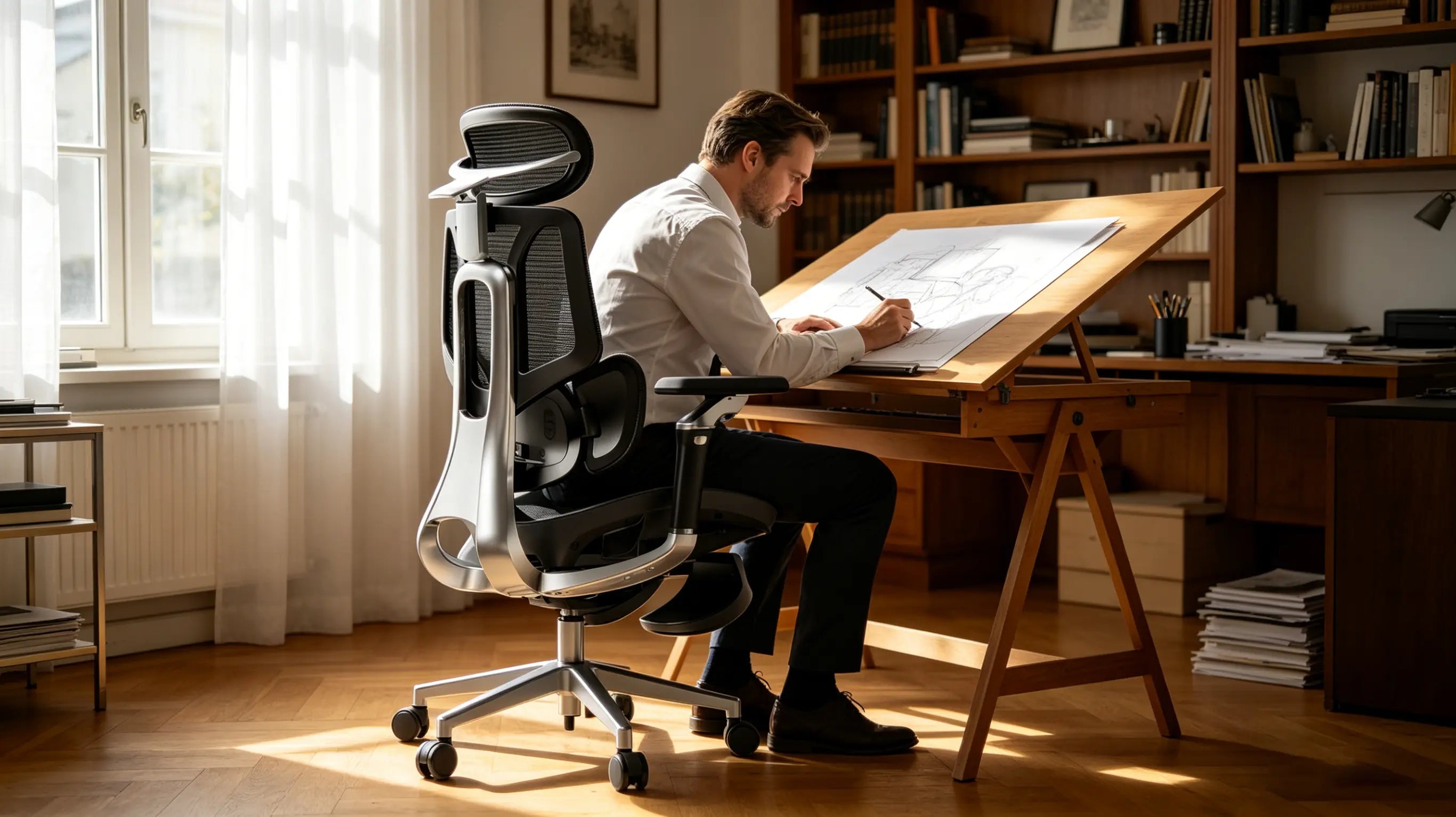 Ein deutscher Profi arbeitet konzentriert auf dem Ergo Select Schreibtischstuhl ergonomisch im hellen Home-Office.