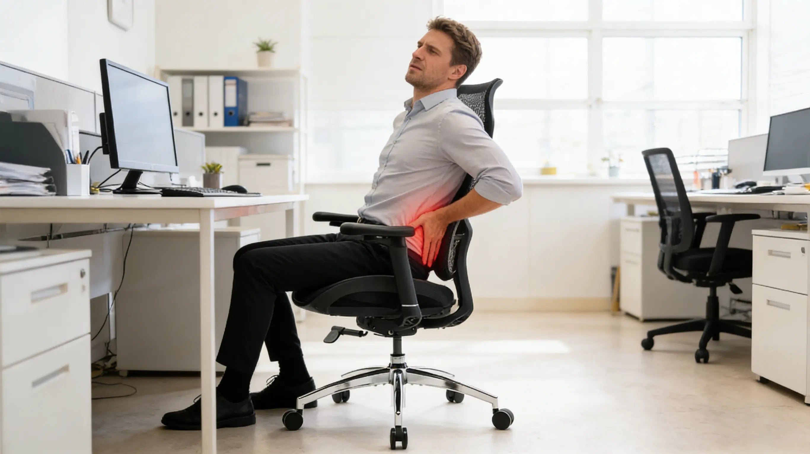 Side profile of a user sitting on the Ergo Select best ergonomic chair for back pain, showcasing perfect S-curve spinal support.