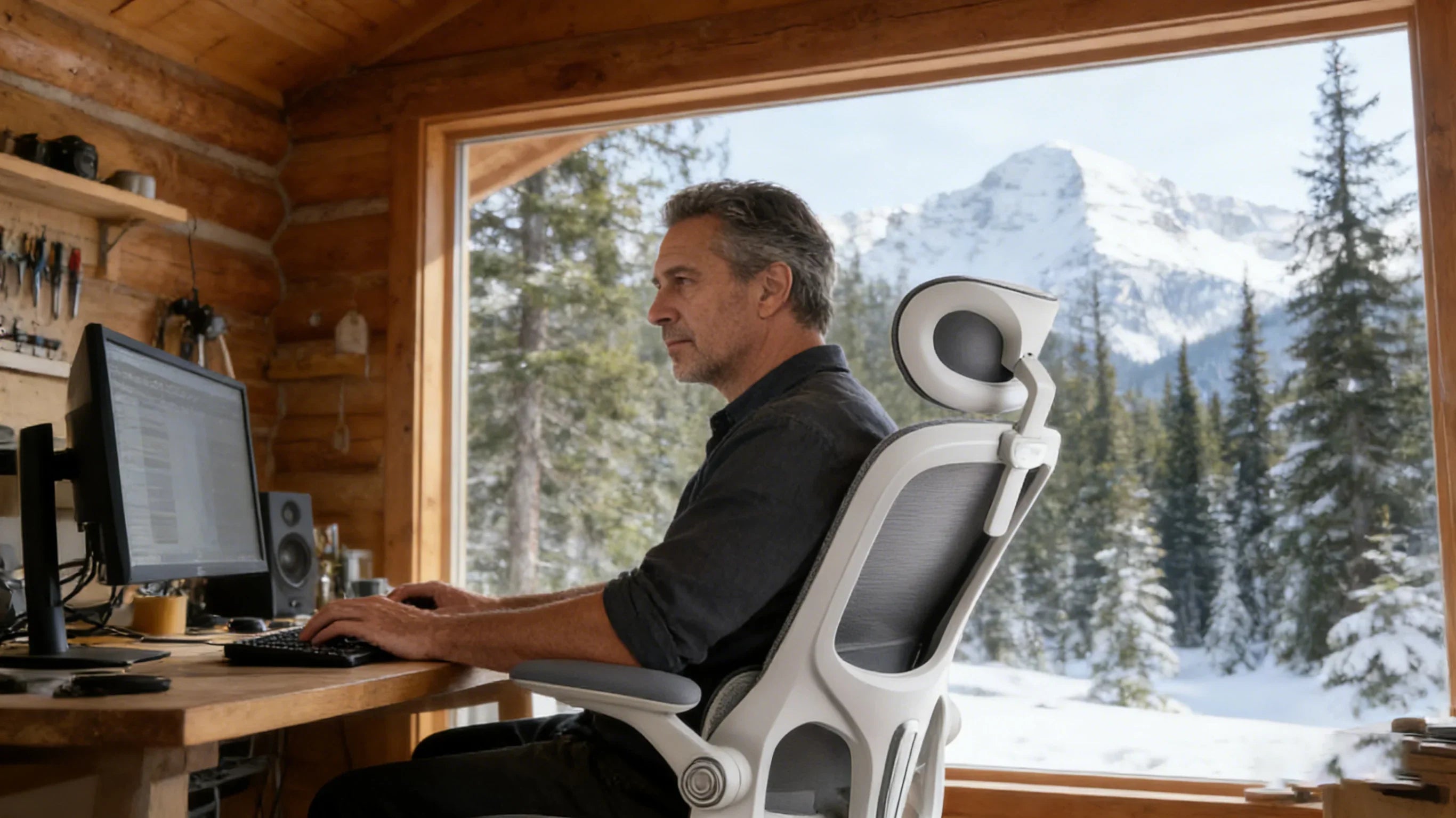 A senior backend engineer in Seattle sitting in an ergonomic office chair with 3D armrests.
