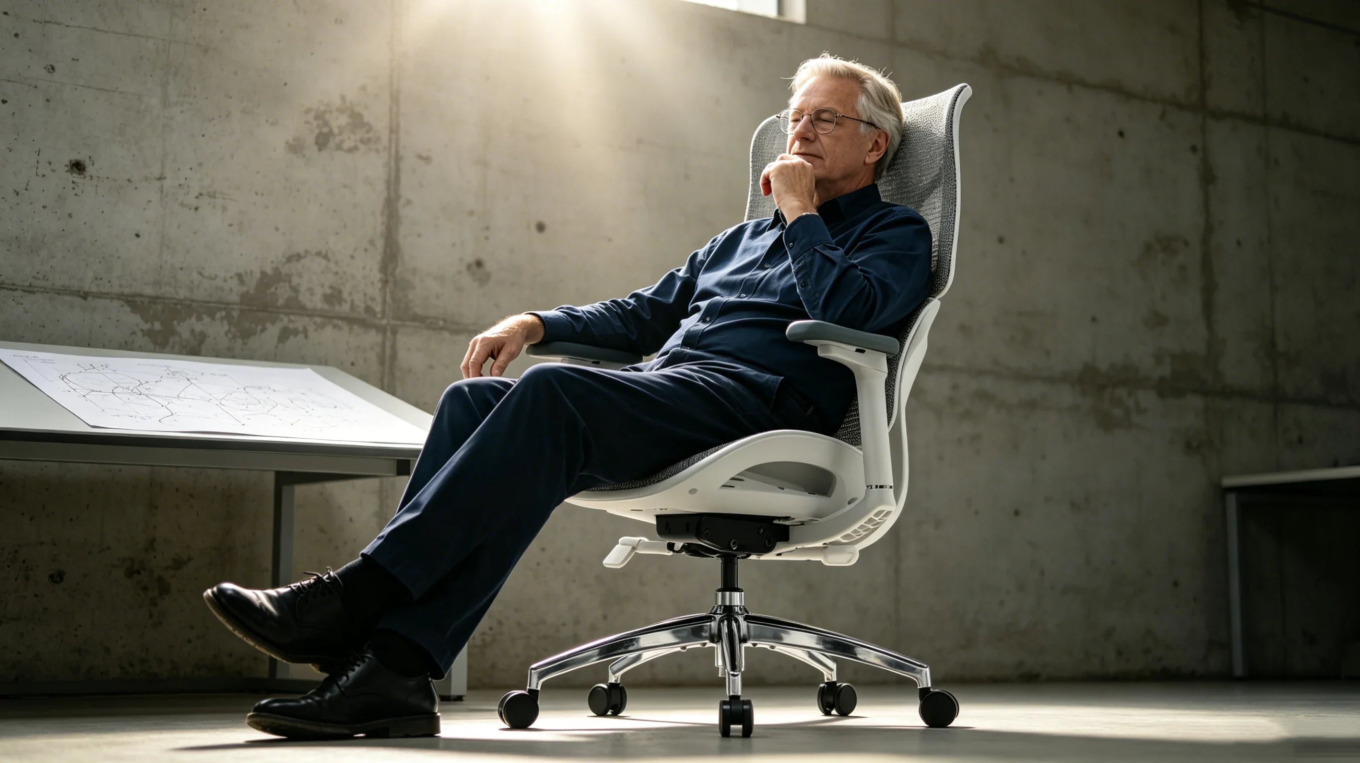 Full body shot of Dr. Alistair Vance verifying a topographic map while utilizing the [best office task chairs] at the basalt data table.