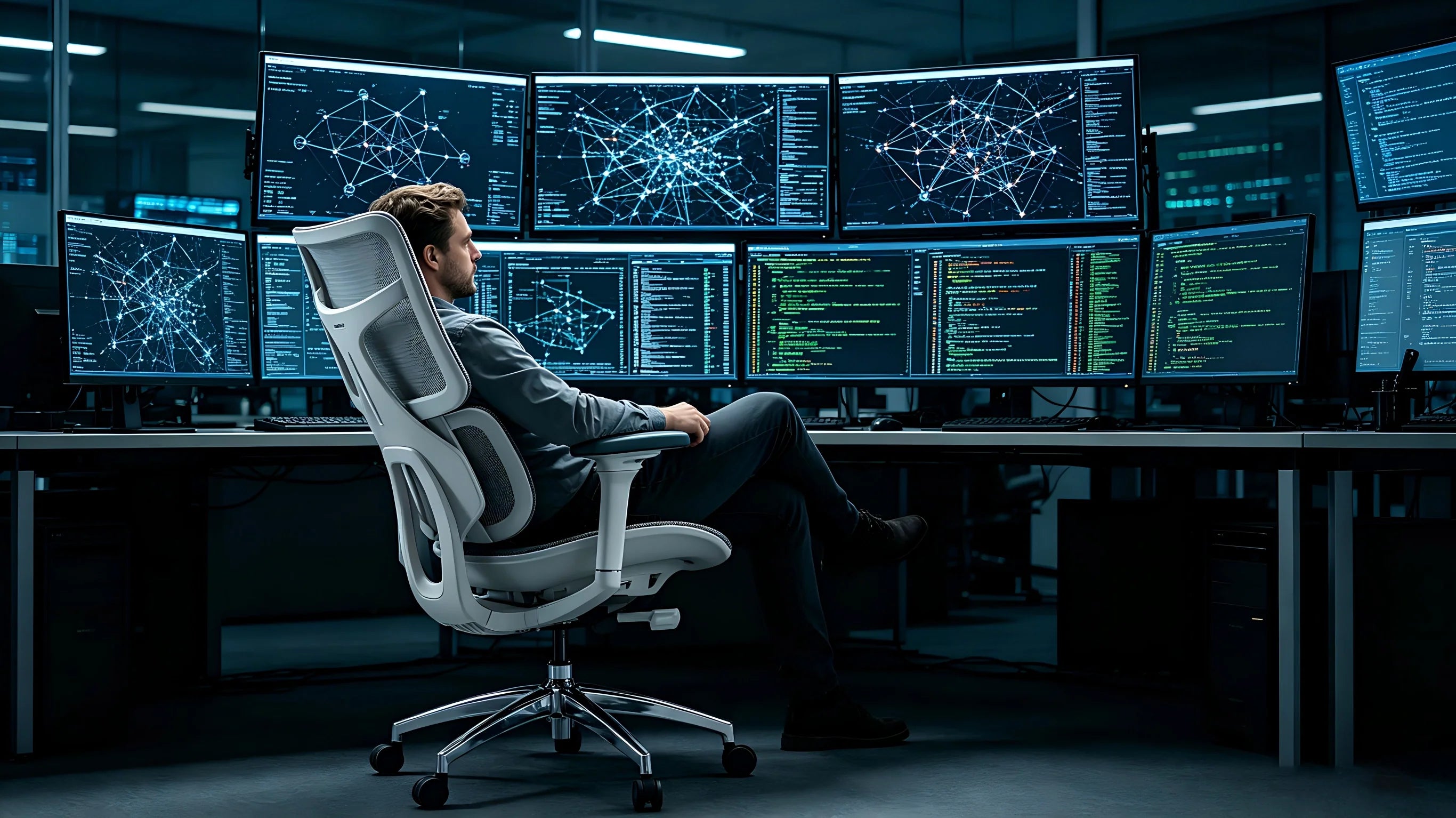 A cybersecurity expert utilizing the 140-degree recline on the best computer chair for a moment of reflection.