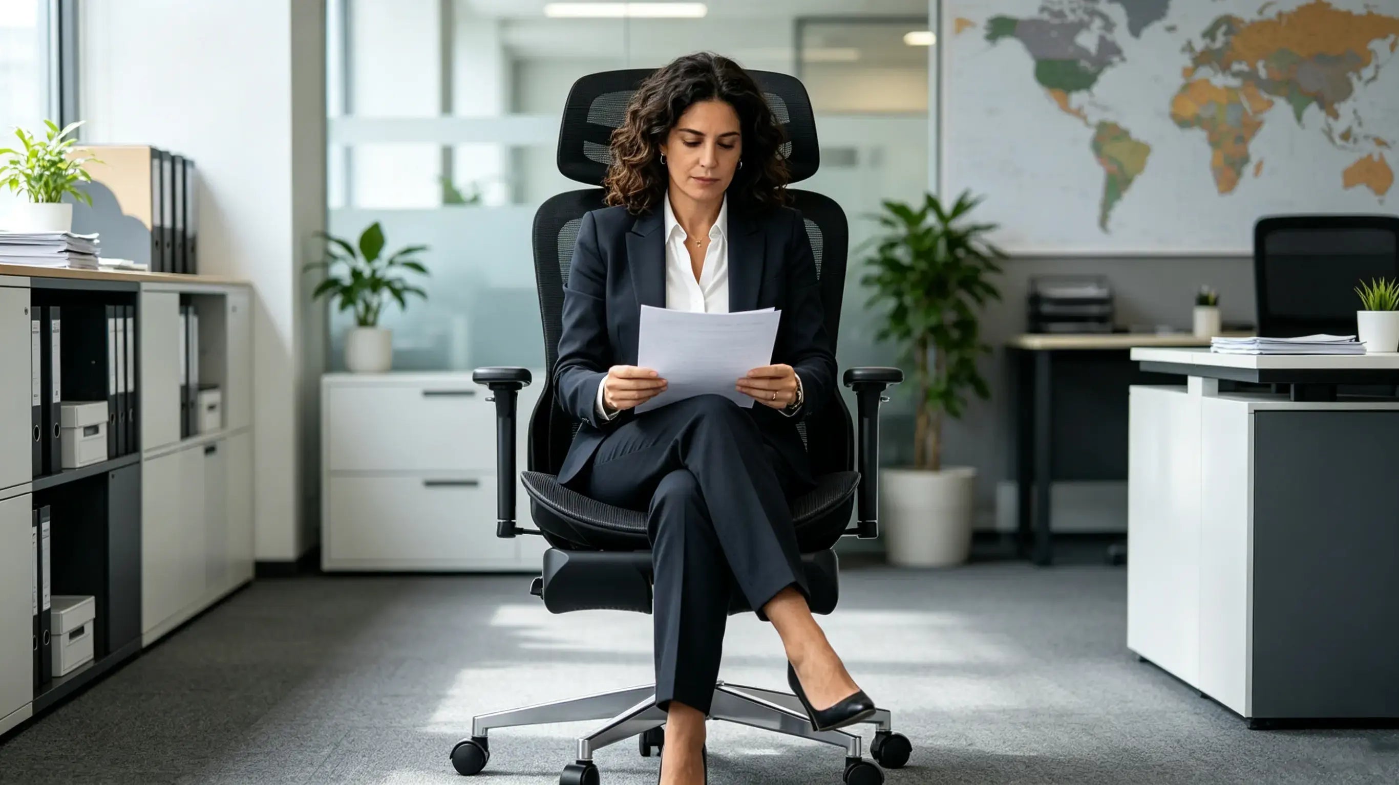 Doña Cristina, directora de riesgos financieros de 41 años, auditando inversiones en su silla Ergo Select en Asturias.