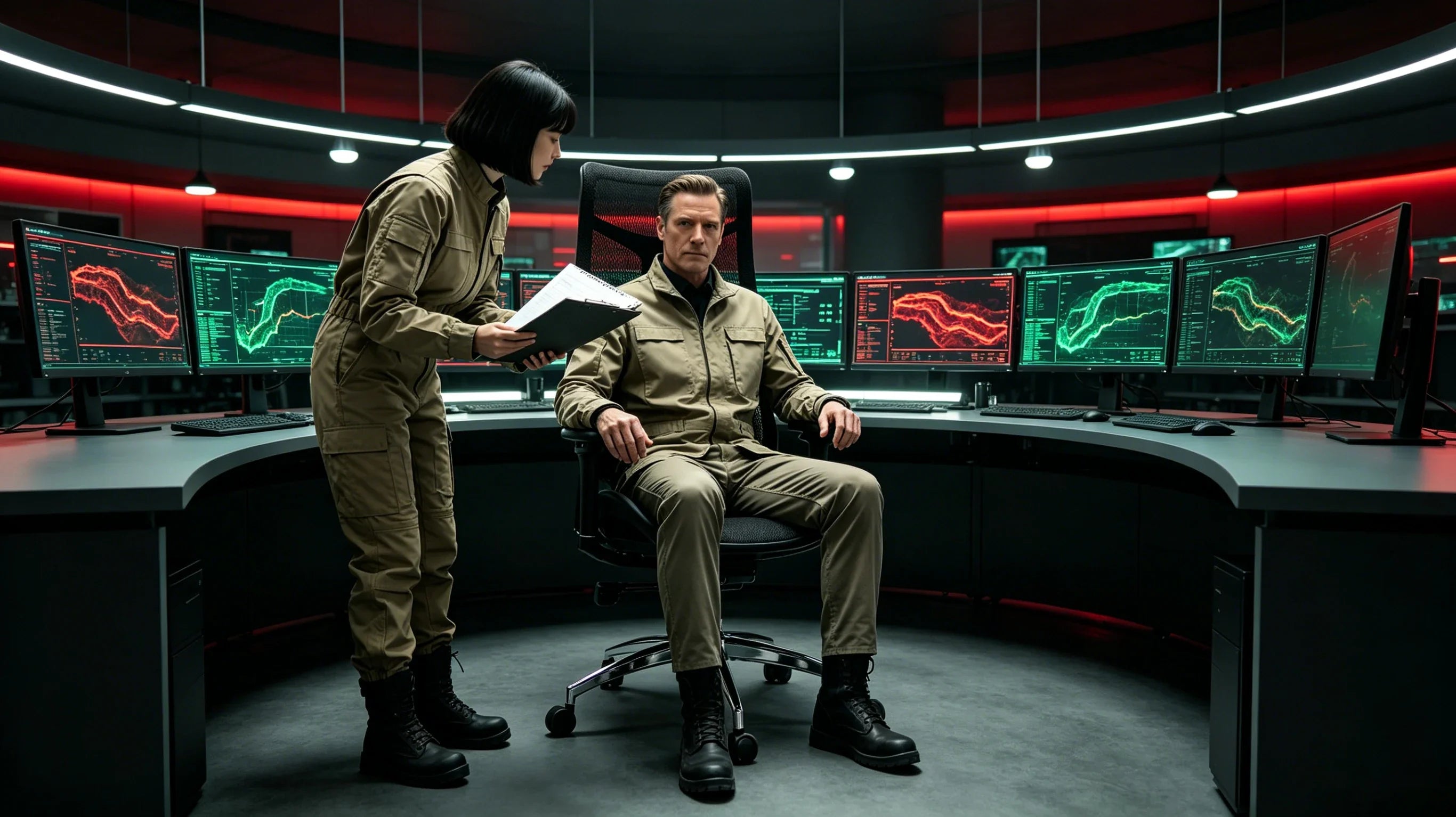 Full body shot of Sterling Vance analyzing crustal stress variables while utilizing the [chair office back support] at the steel console.