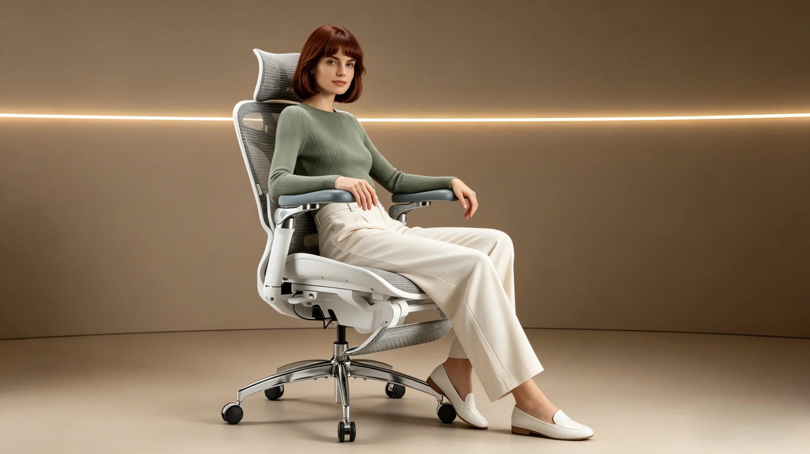 Full body view of a 31-year-old female therapist in a sage green top sitting in the [ergonomic chair for back pain].