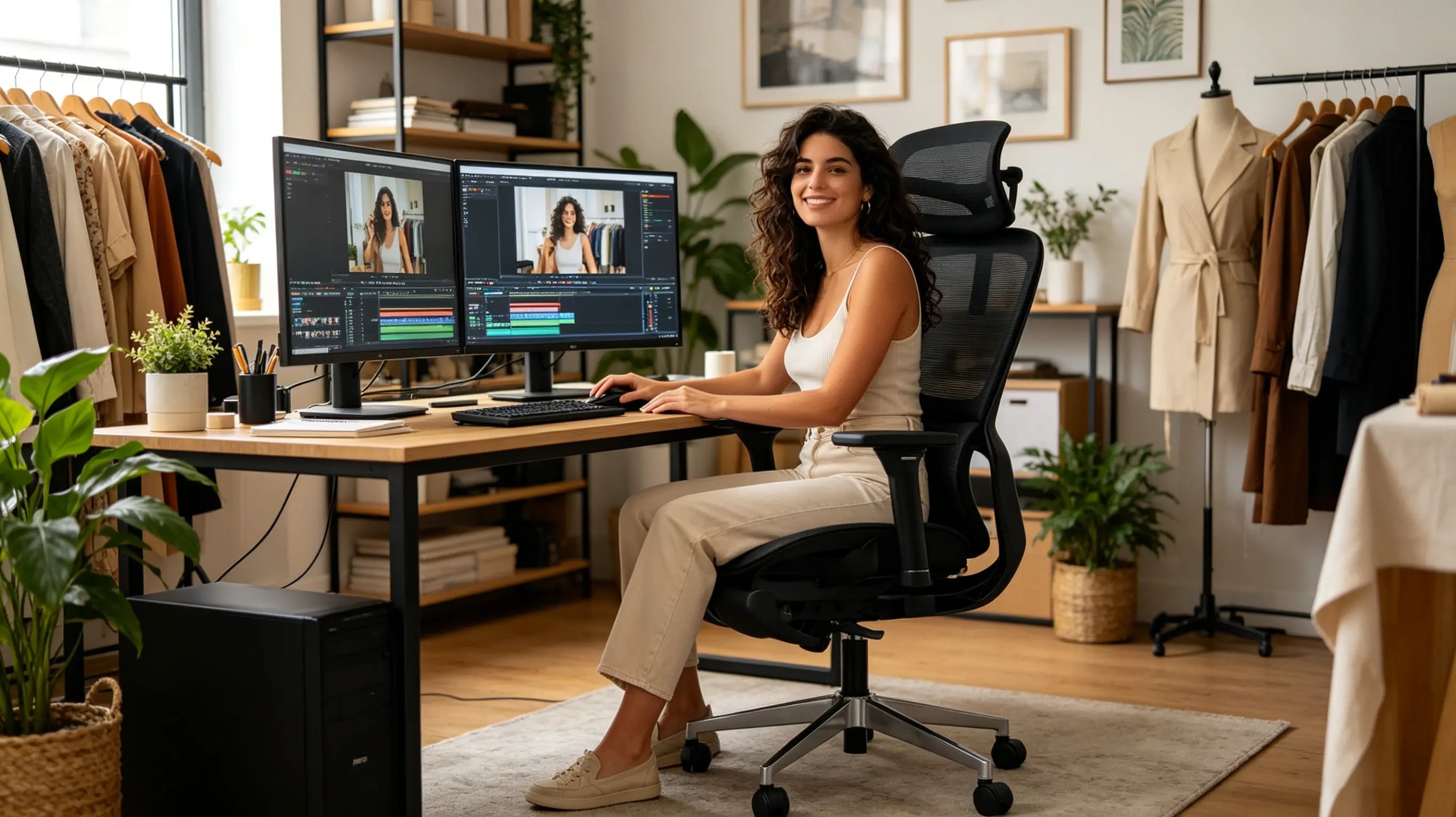 Doña Valeria, creadora de contenido de 28 años, editando vídeos de alta resolución en sus pantallas duales sentada en su silla ergonómica Ergo Select en Madrid.