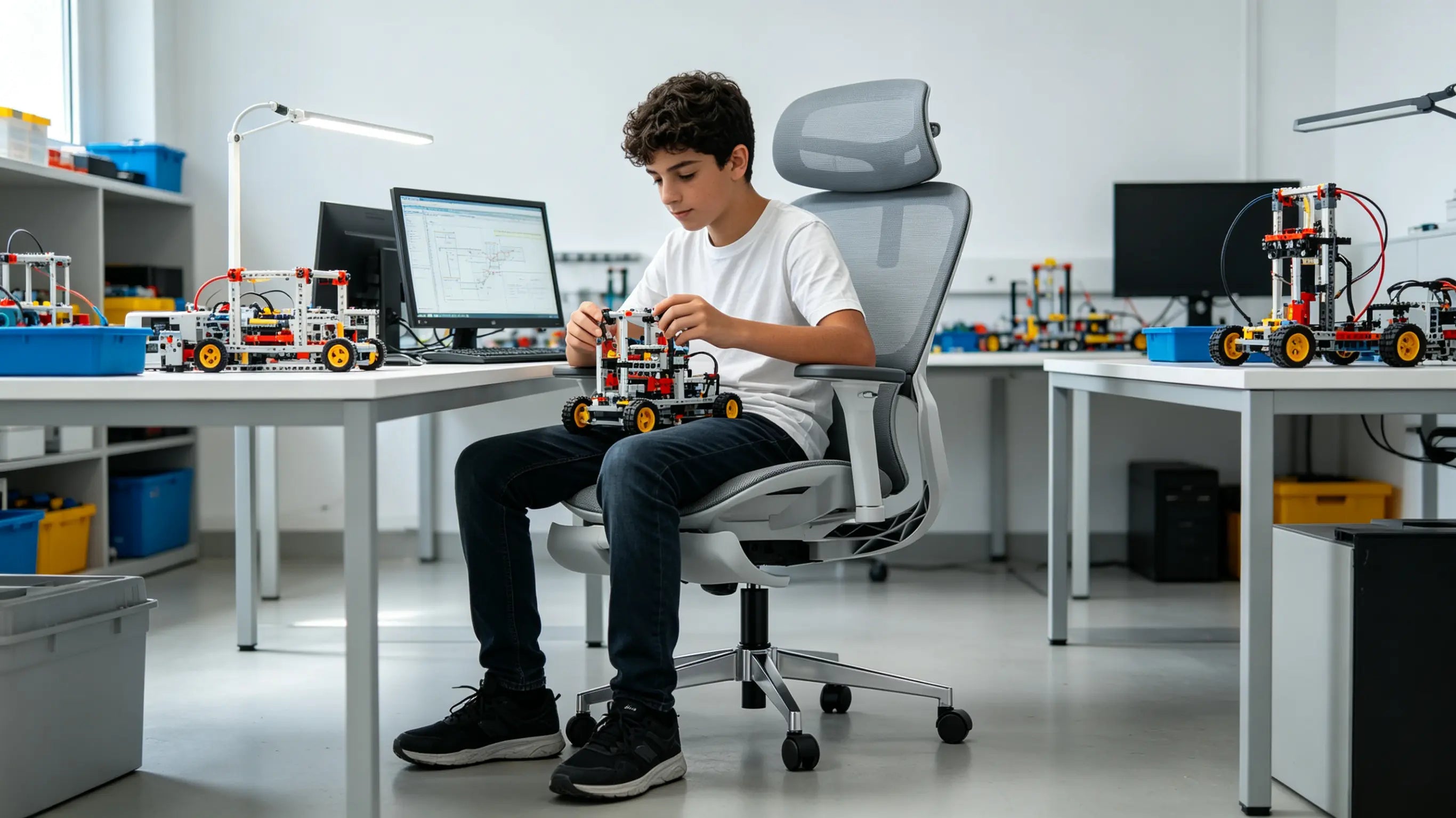 Carlos, un joven creador de robótica de 14 años, analizando datos de modelado mecánico en su silla ergonómica de oficina Ergo Select en Madrid.