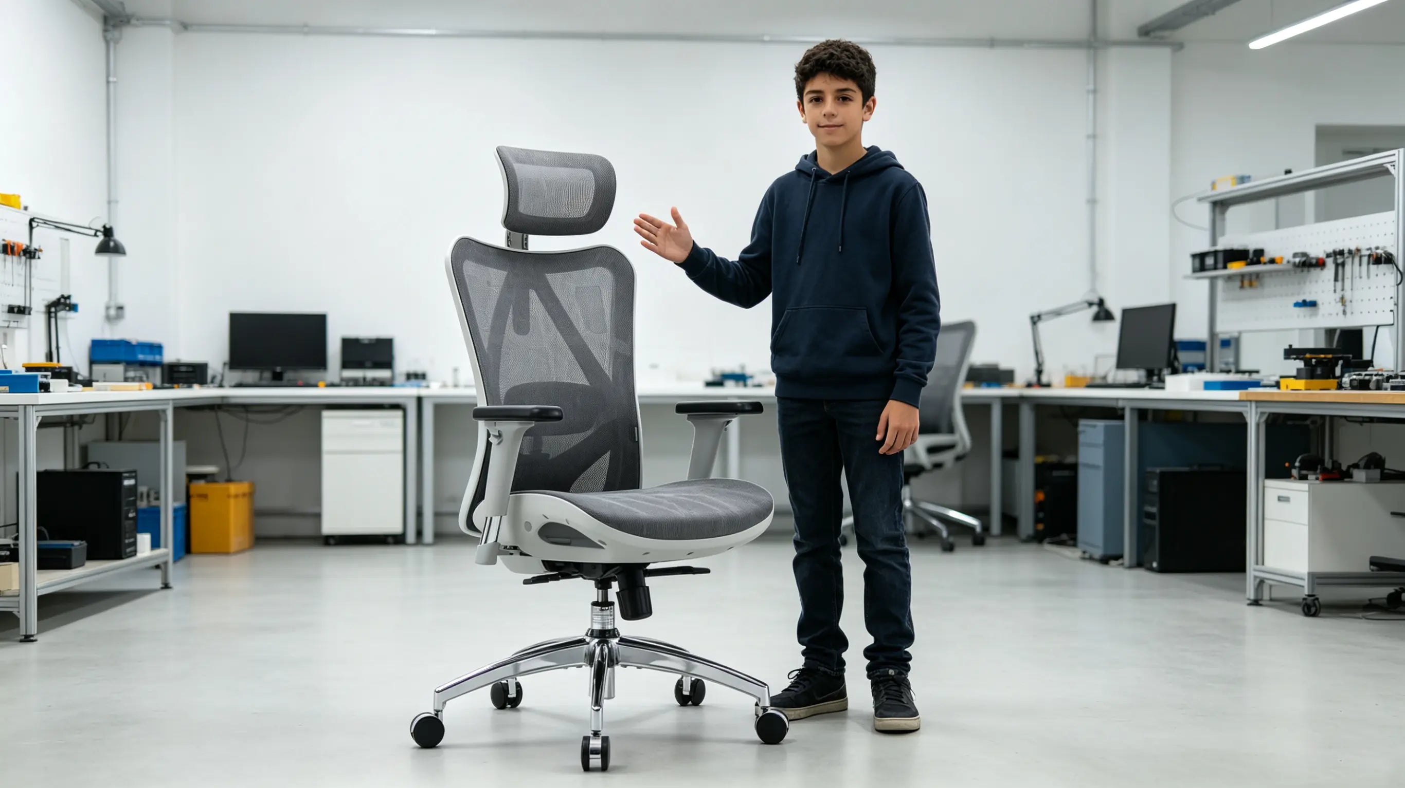 Carlos, un joven creador de robótica de 14 años, analizando datos de modelado mecánico en su silla ergonómica de oficina Ergo Select en Madrid.